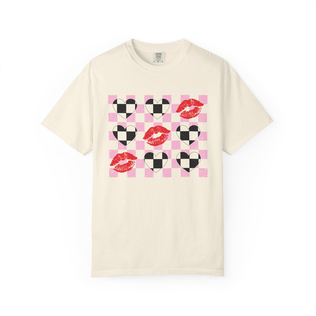 Tic-Tac-Toe Checkerboard Hearts and Valentine Lipstick Kisses T-Shirt