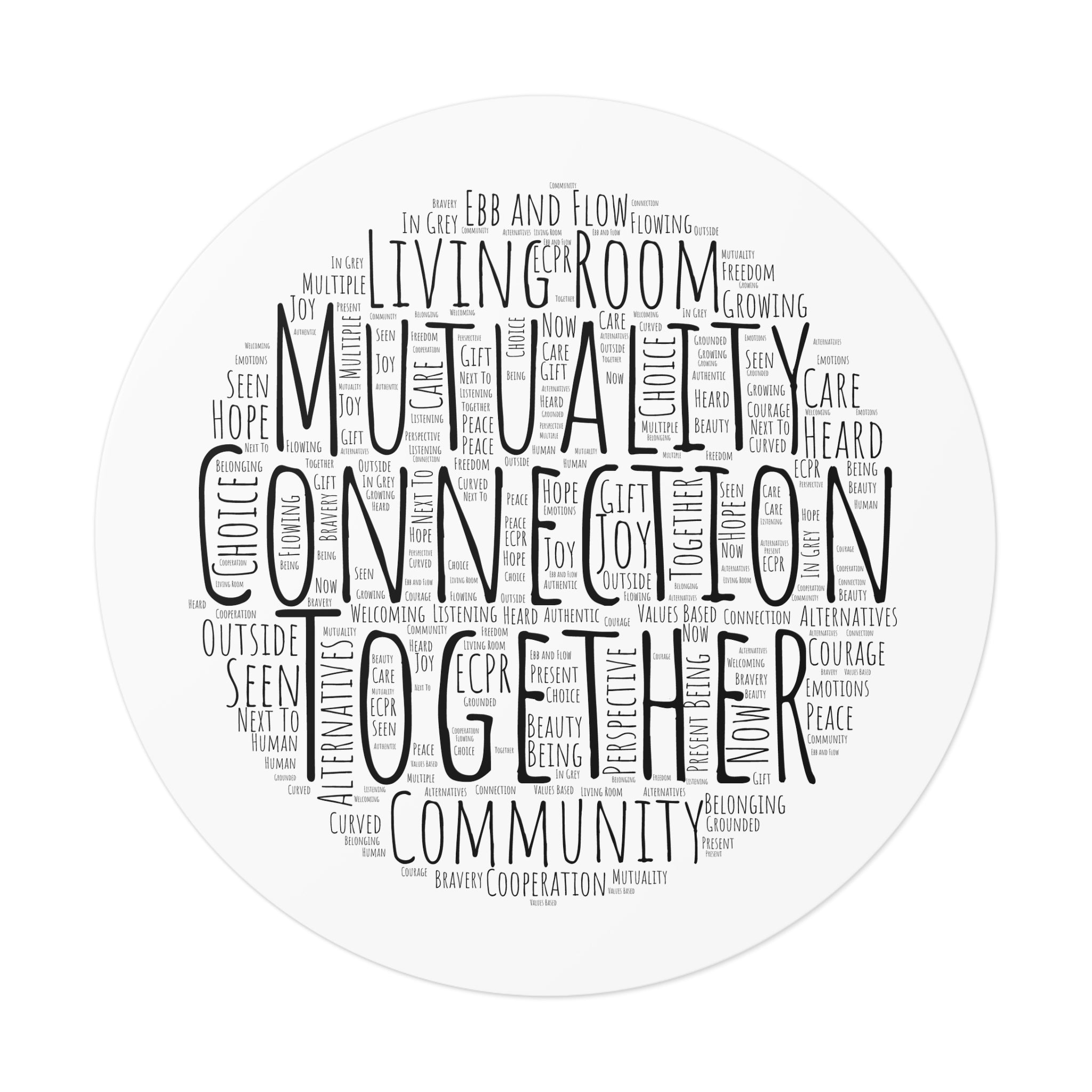 Round Sticker — "Connection Is Prevention" Word-Cloud