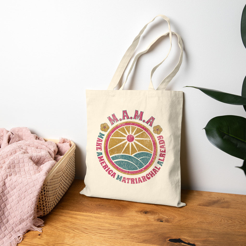 MAMA Retro Sun & Waves Canvas Tote — Vintage Hawaiian 'Make America Matriarchal Already' Beach Bag