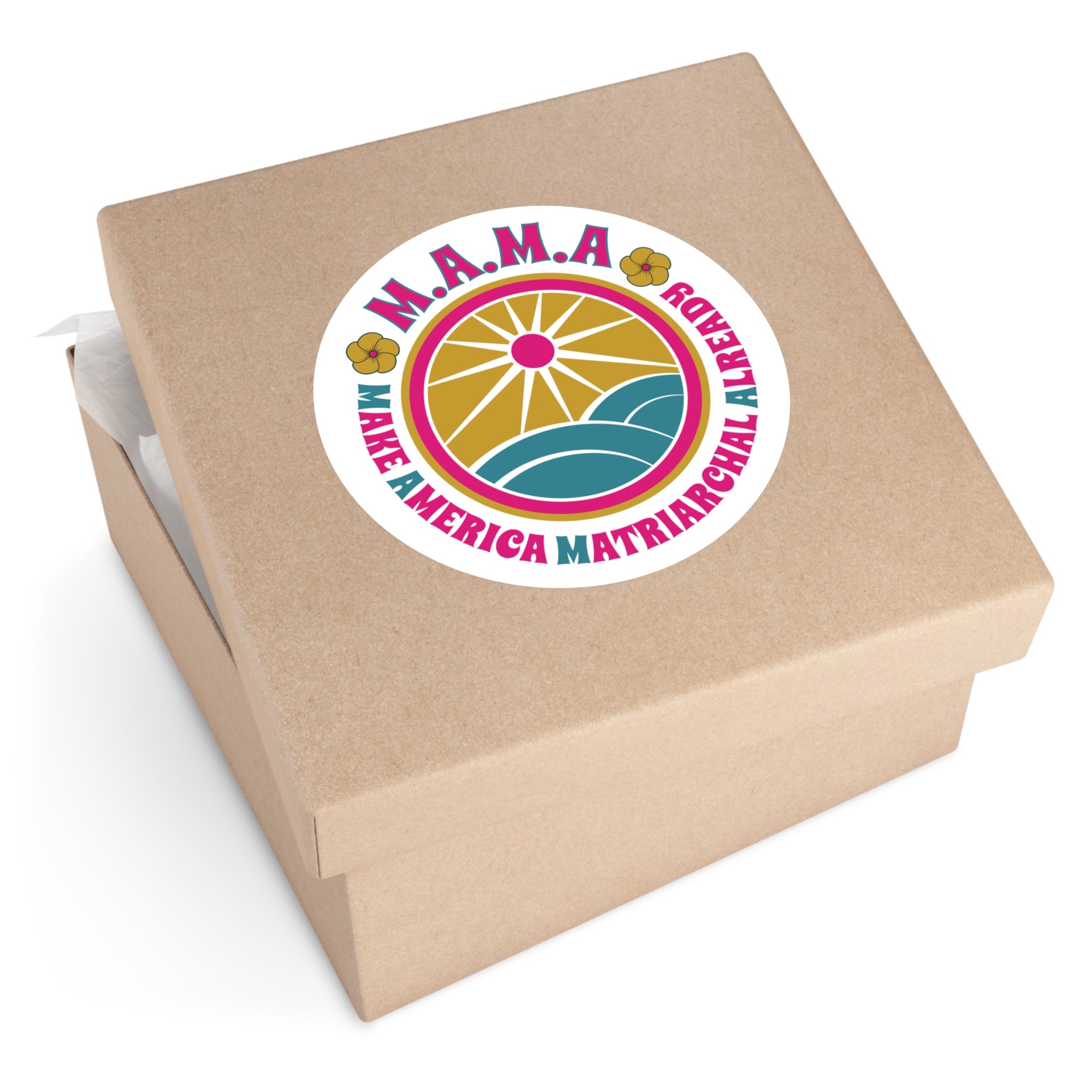 M.A.M.A. Round Sticker — "Make America Matriarchal Already" Retro Sunset Sticker (Indoor/Outdoor)