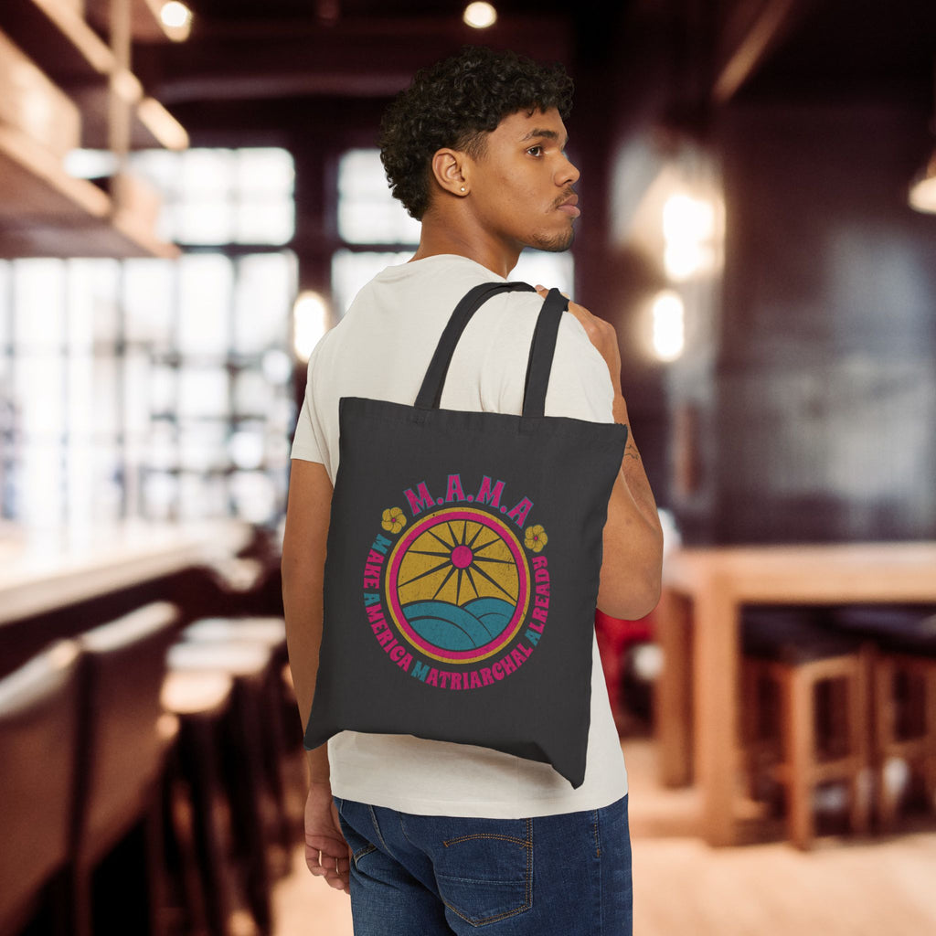 MAMA Retro Sun & Waves Canvas Tote — Vintage Hawaiian 'Make America Matriarchal Already' Beach Bag