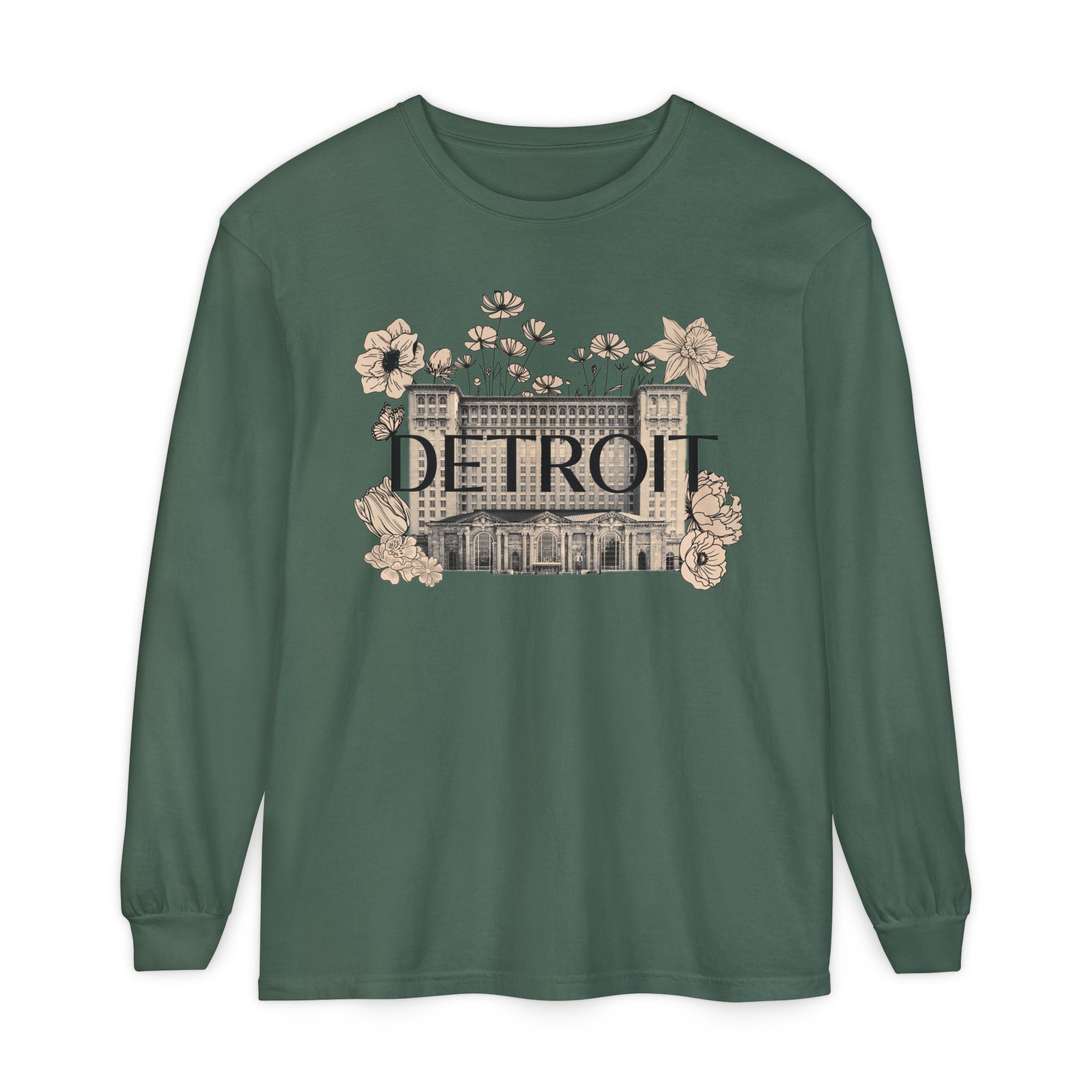 Beautiful Detroit Vintage Floral Train Station Long Sleeve T-Shirt