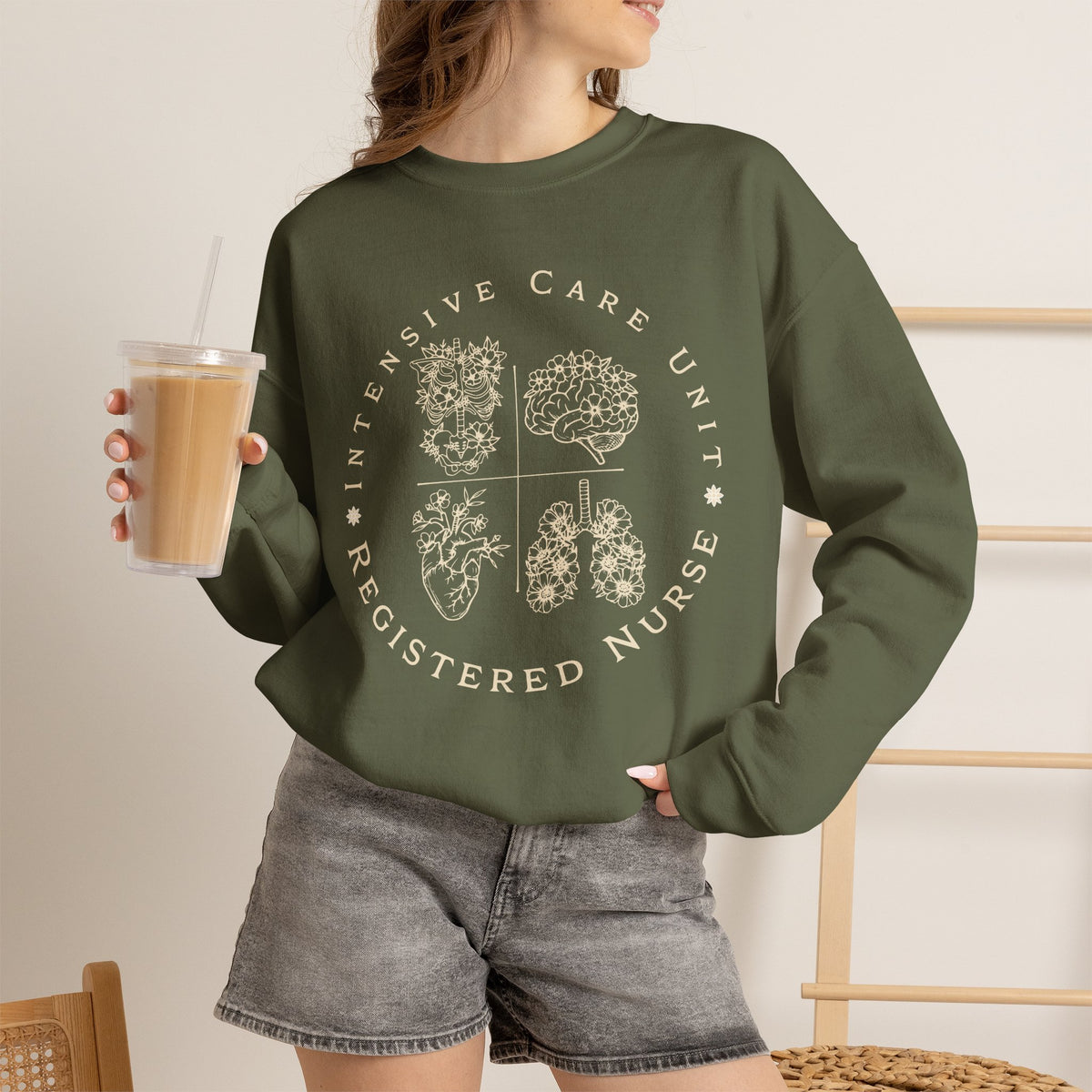 Registered Nurse Crewneck Sweatshirt – Intensive Care Unit Floral Badge