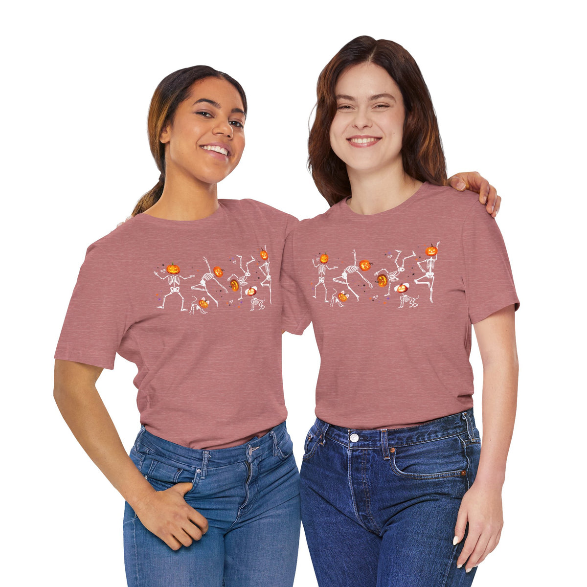 Dancing Skeletons with pumpkin heads Tshirt | Halloween Ultra Soft Bella Canva Tees