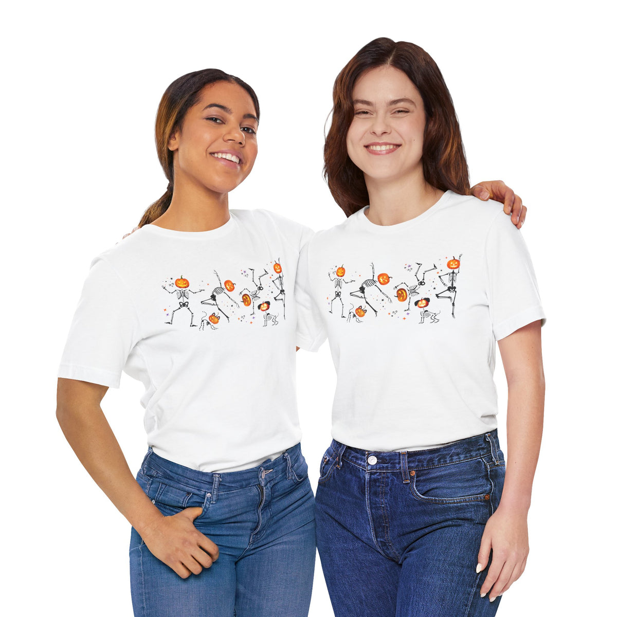 Dancing Skeletons with pumpkin heads Tshirt | Halloween Ultra Soft Bella Canva Tees