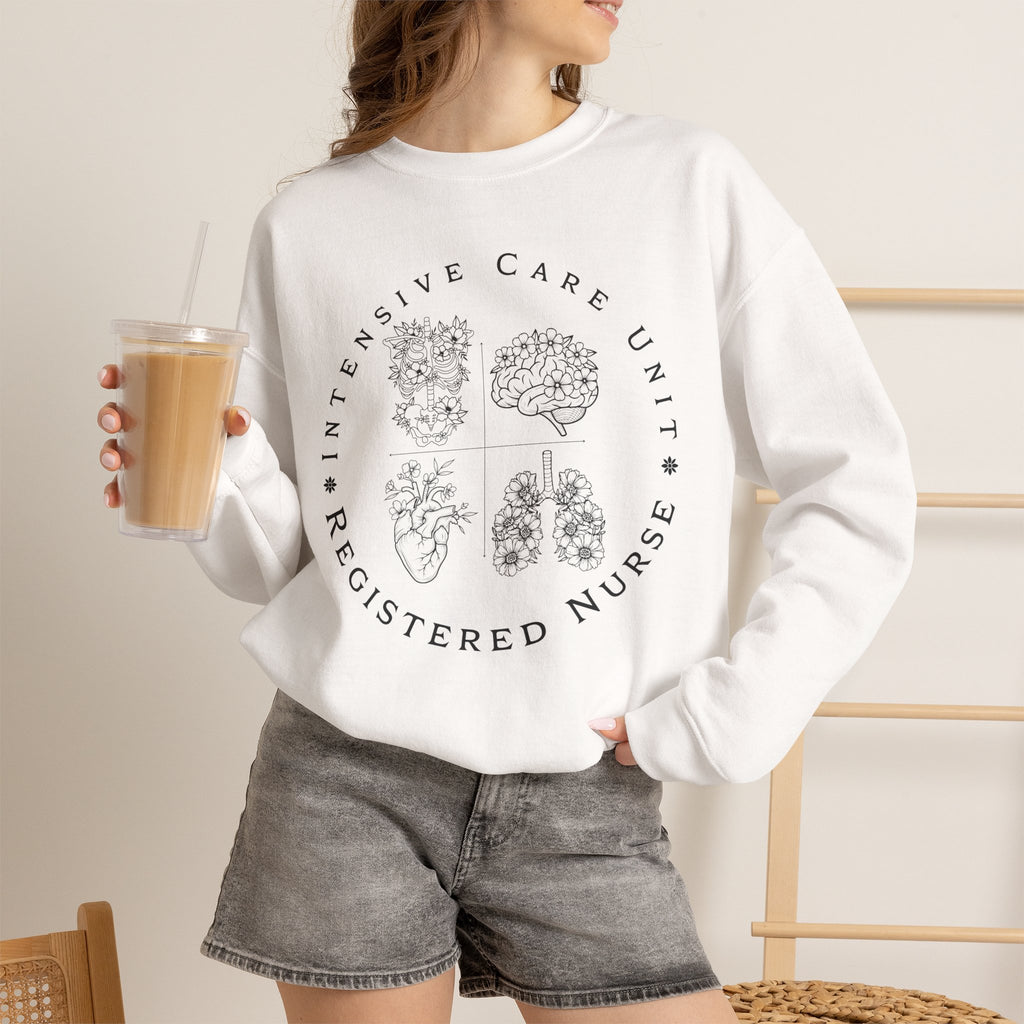 Registered Nurse Crewneck Sweatshirt – Intensive Care Unit Floral Badge