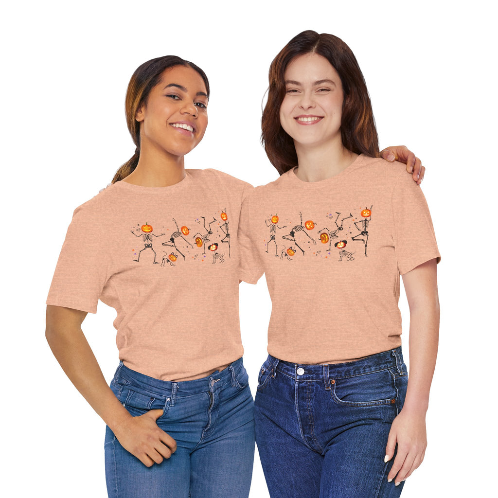 Dancing Skeletons with pumpkin heads Tshirt | Halloween Ultra Soft Bella Canva Tees