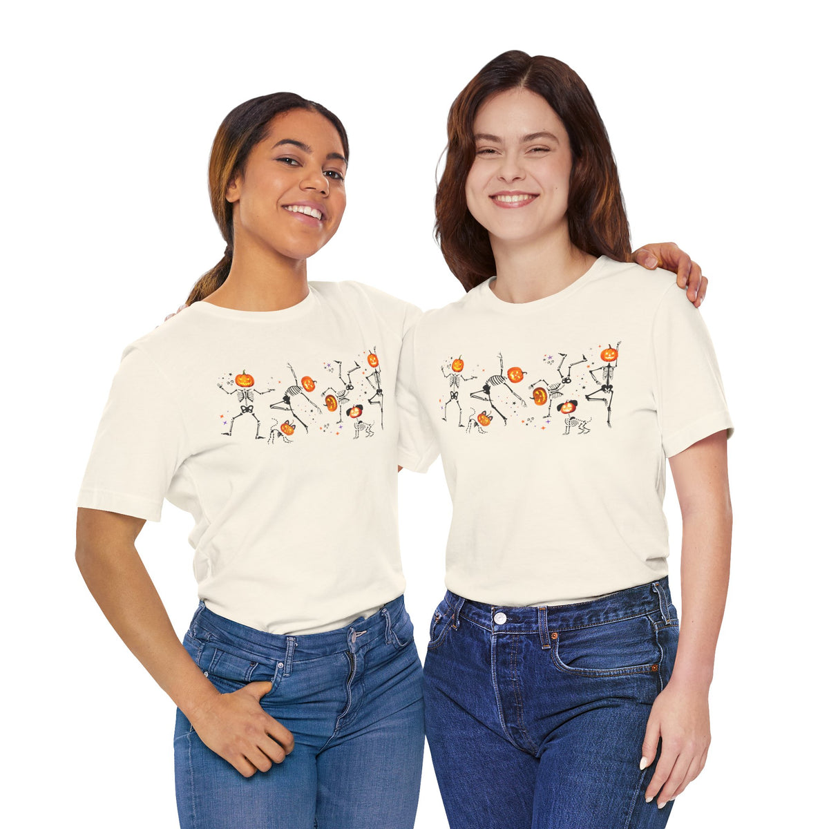 Dancing Skeletons with pumpkin heads Tshirt | Halloween Ultra Soft Bella Canva Tees