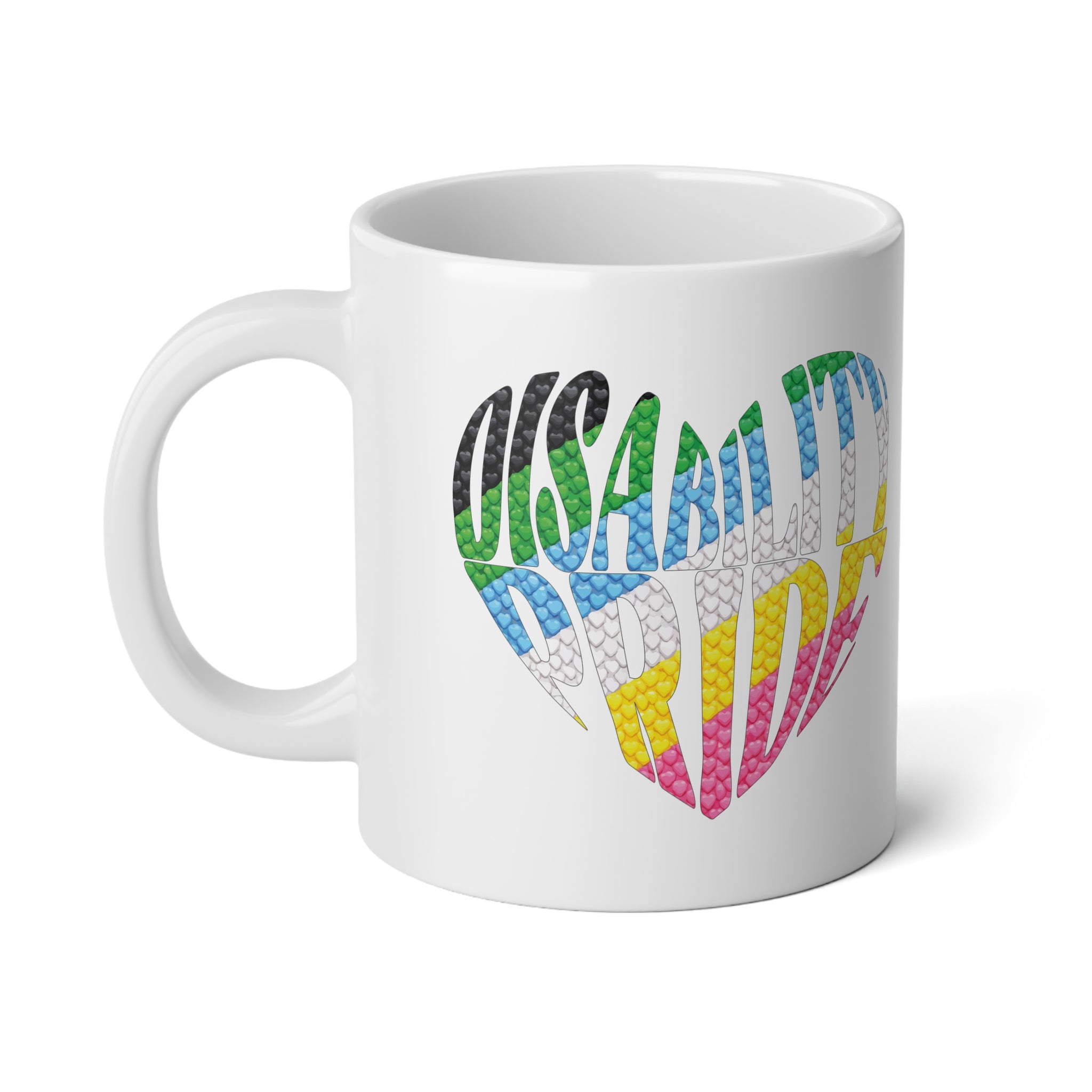 Rainbow Disability Pride Heart Mug | Colorful Heart Pattern 20oz Ceramic
