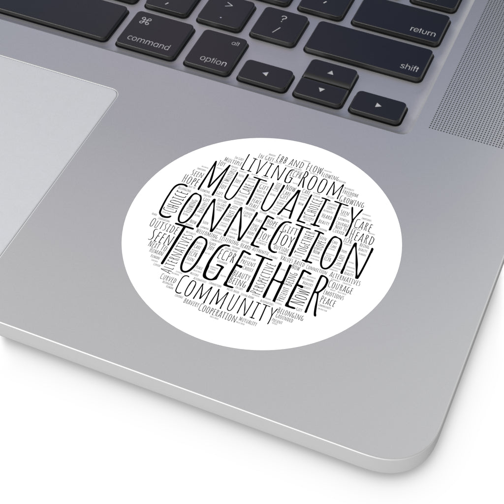 Round Sticker — "Connection Is Prevention" Word-Cloud