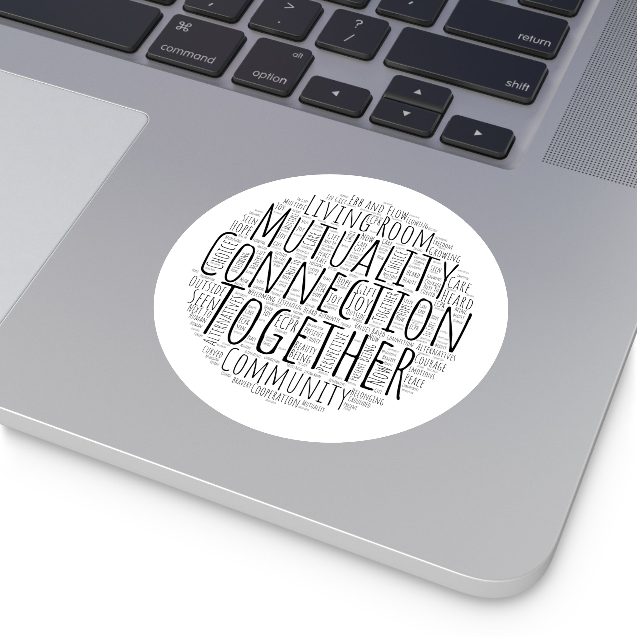 Round Sticker — "Connection Is Prevention" Word-Cloud