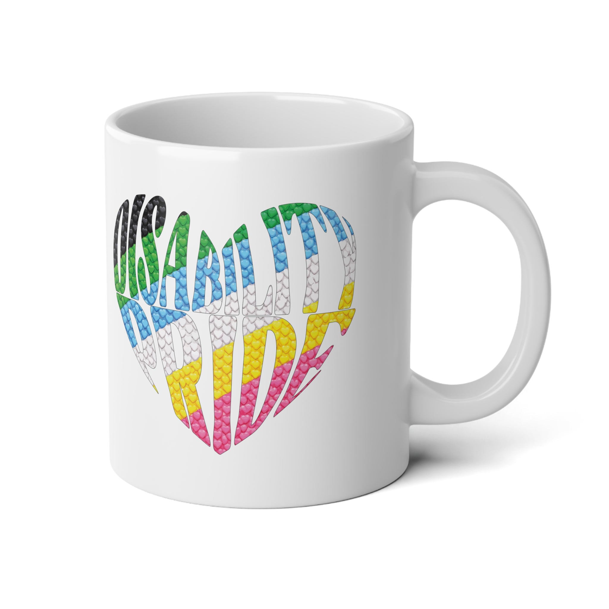 Rainbow Disability Pride Heart Mug | Colorful Heart Pattern 20oz Ceramic