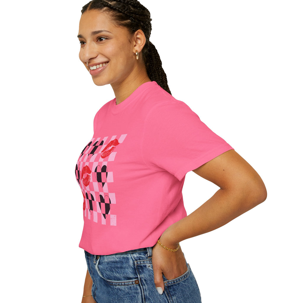 Tic-Tac-Toe Checkerboard Hearts and Valentine Lipstick Kisses T-Shirt