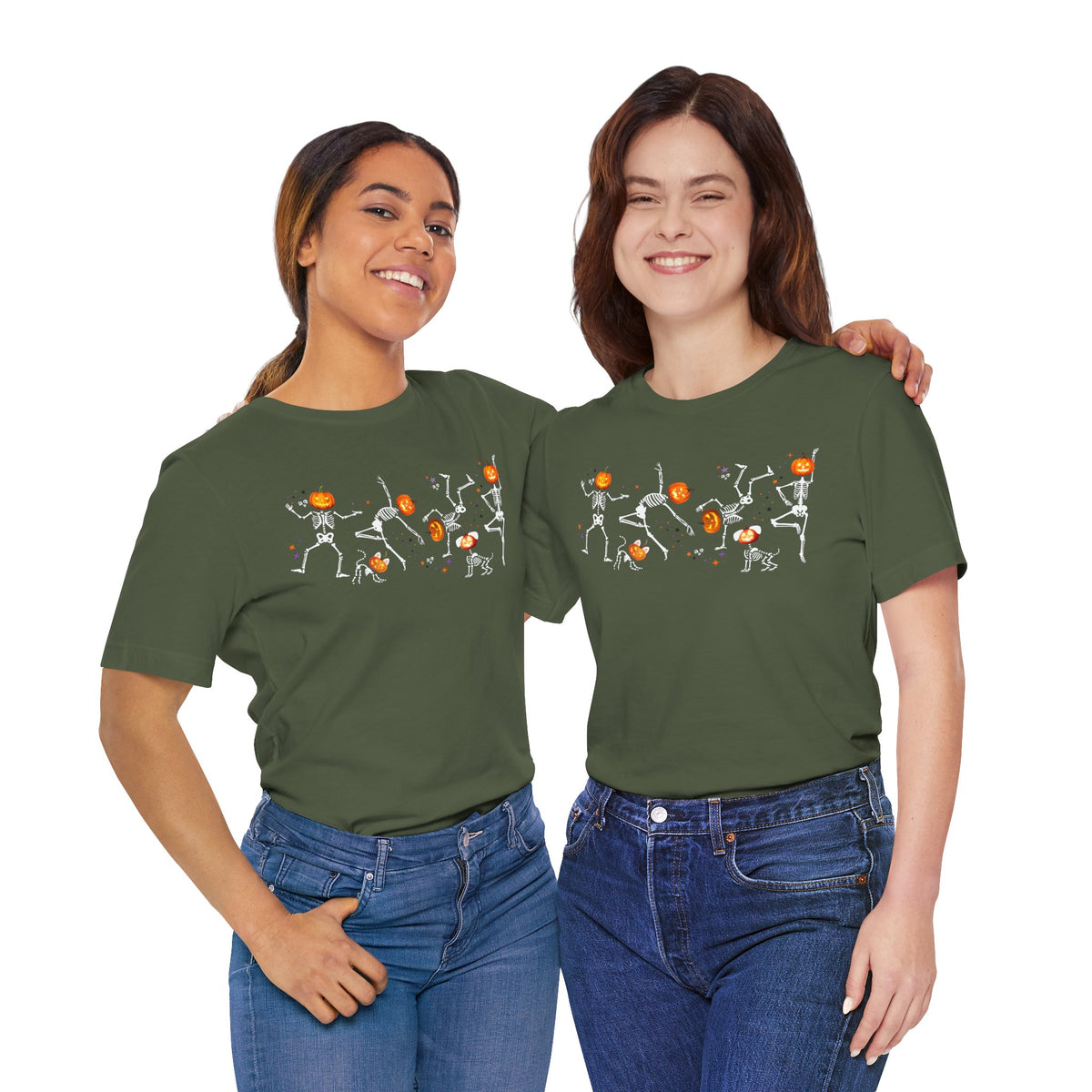 Dancing Skeletons with pumpkin heads Tshirt | Halloween Ultra Soft Bella Canva Tees