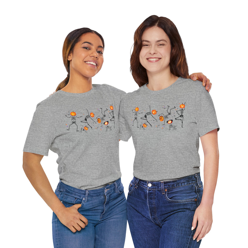 Dancing Skeletons with pumpkin heads Tshirt | Halloween Ultra Soft Bella Canva Tees