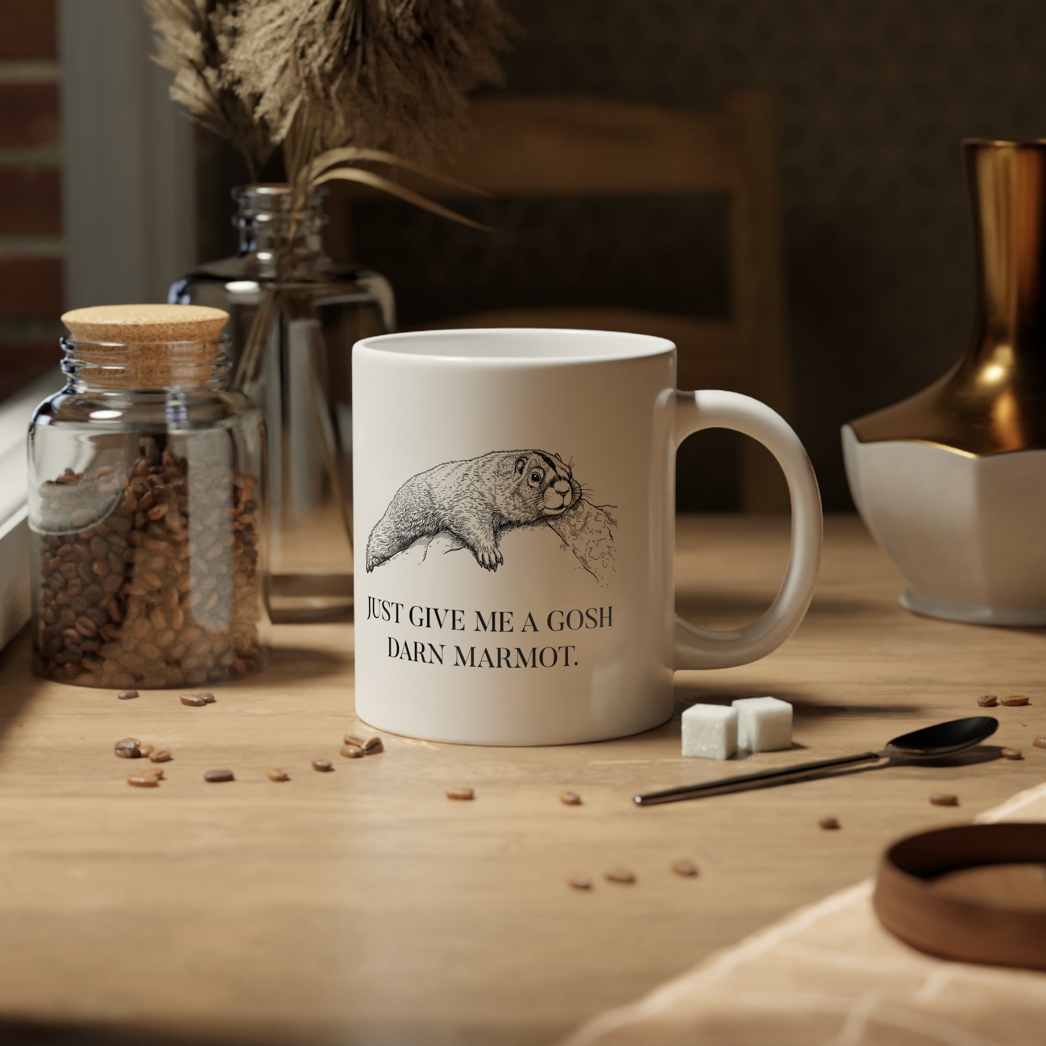 Marmot Pun Jumbo 20 oz mug | "Just Give Me a Gosh Darn Marmot."