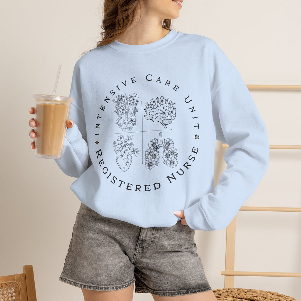 Registered Nurse Crewneck Sweatshirt – Intensive Care Unit Floral Badge