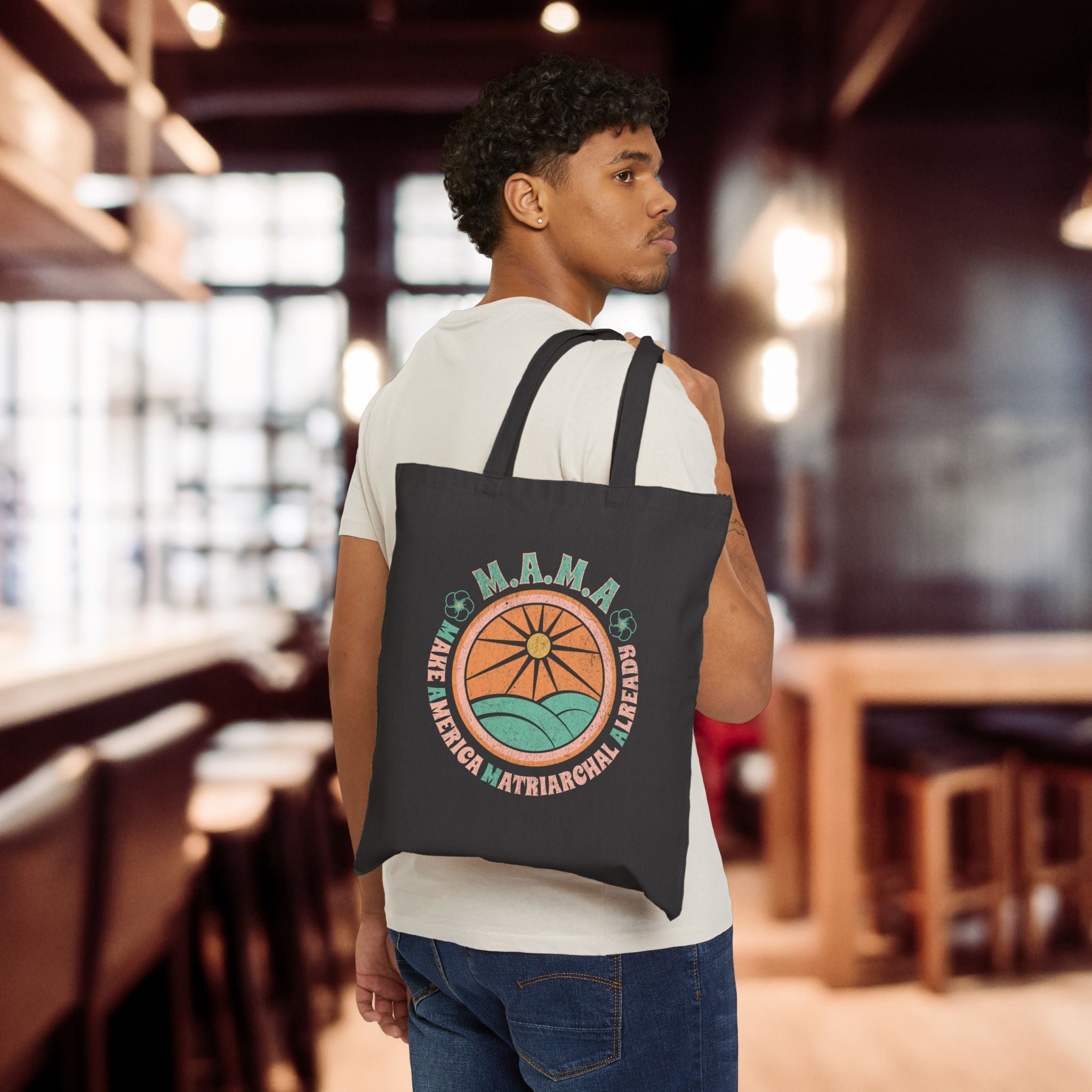 MAMA Retro Sun & Waves Canvas Tote — Vintage Hawaiian 'Make America Matriarchal Already' Beach Bag