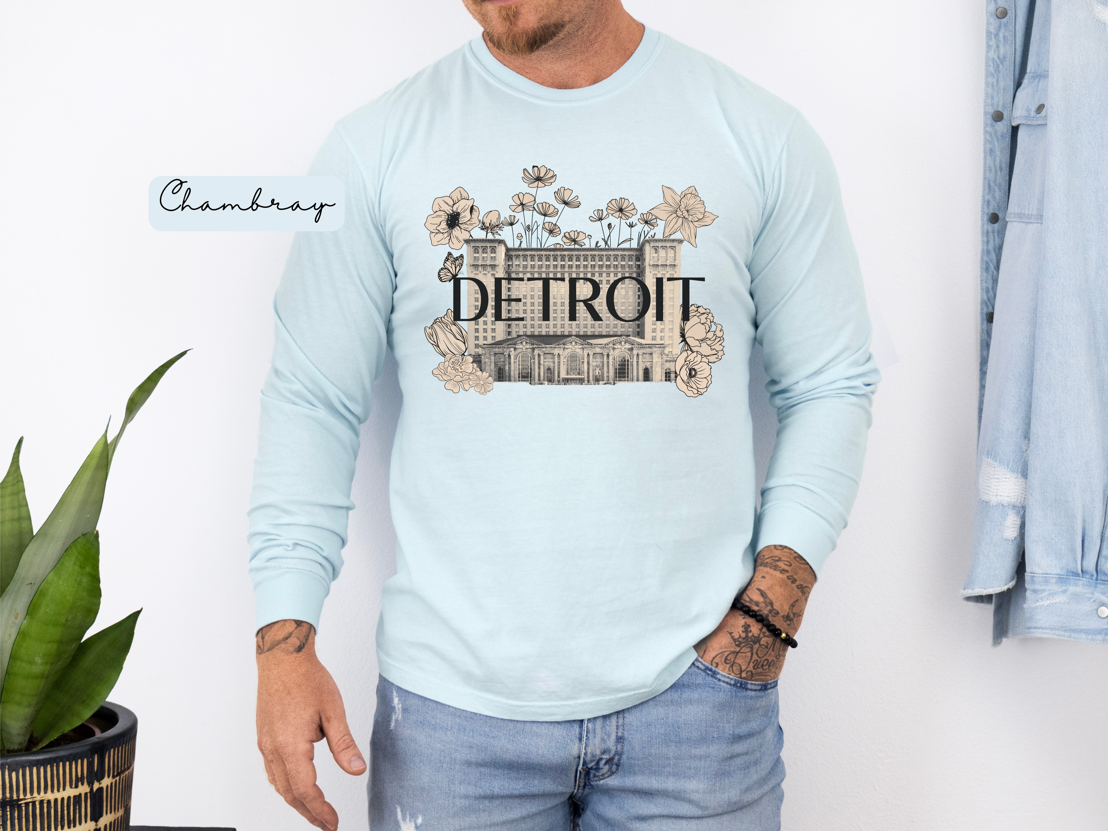Beautiful Detroit Vintage Floral Train Station Long Sleeve T-Shirt