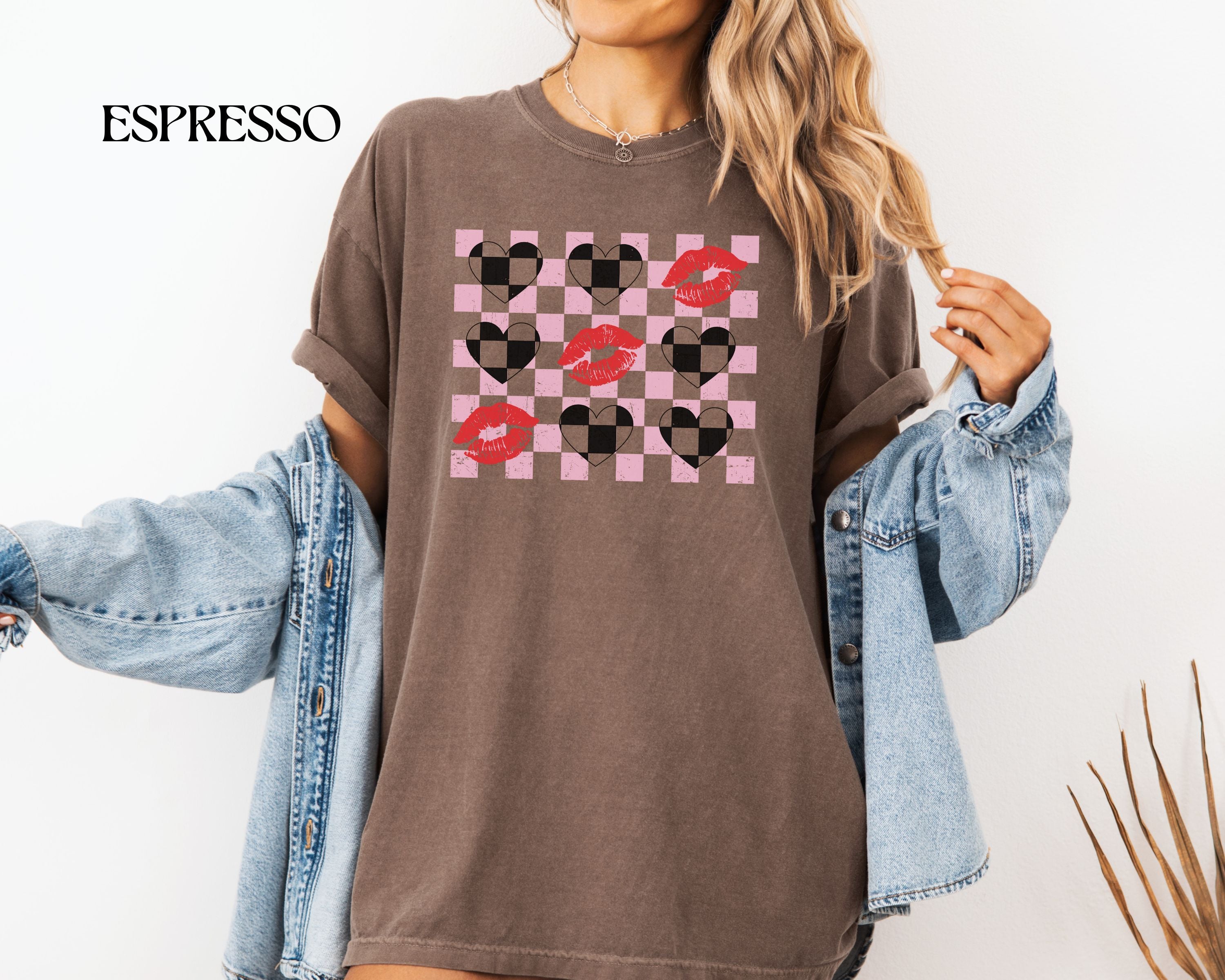 Tic-Tac-Toe Checkerboard Hearts and Valentine Lipstick Kisses T-Shirt