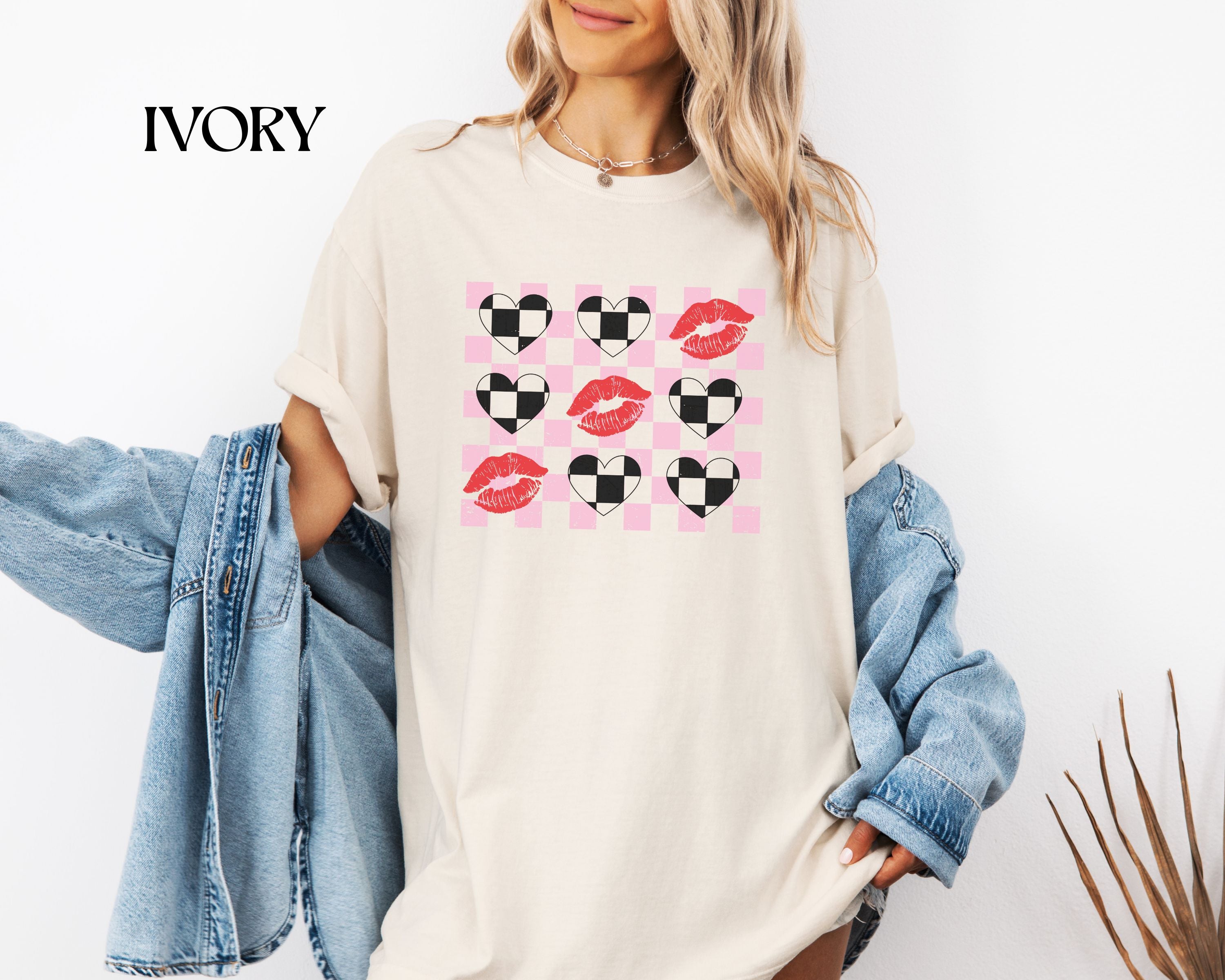 Tic-Tac-Toe Checkerboard Hearts and Valentine Lipstick Kisses T-Shirt