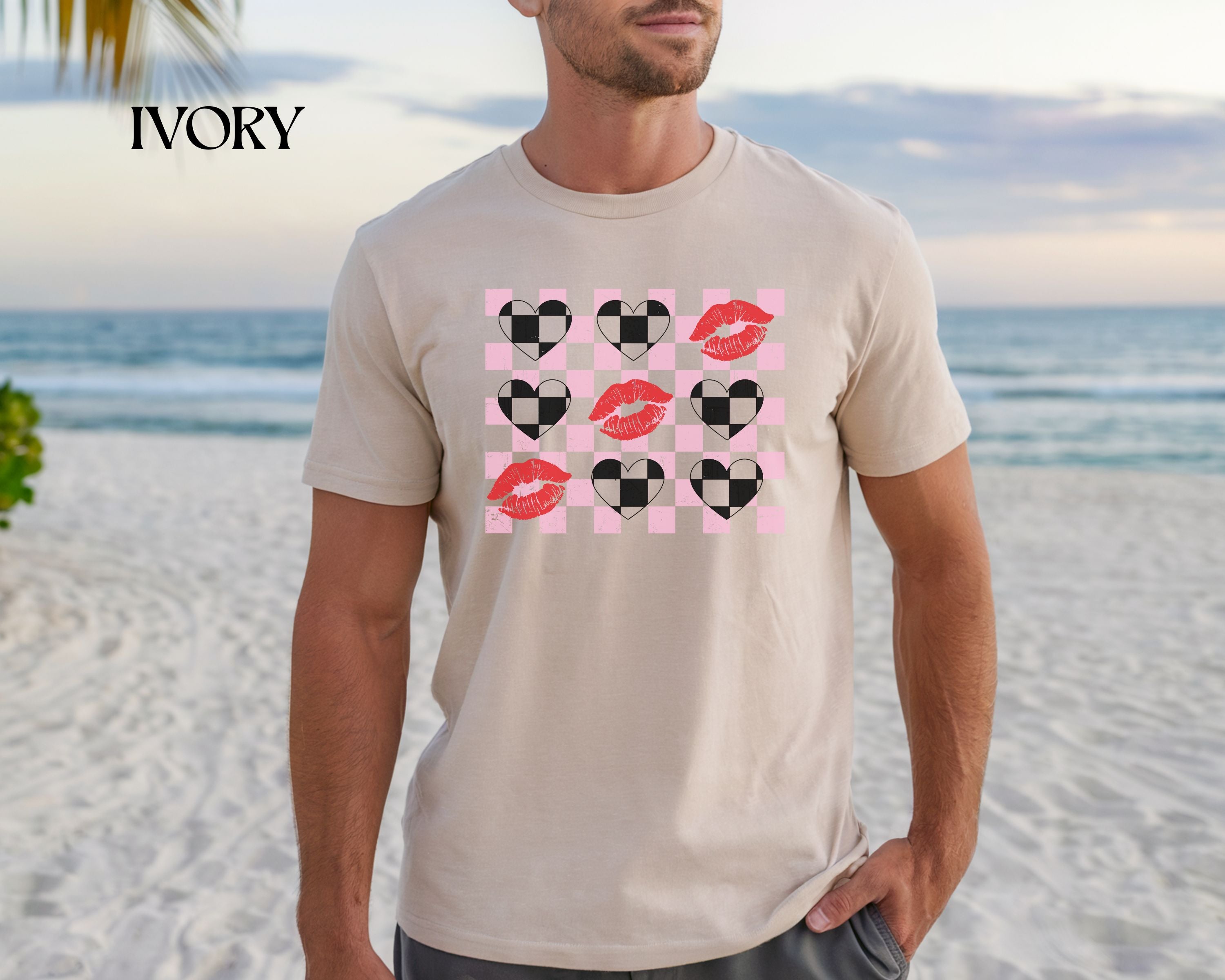 Tic-Tac-Toe Checkerboard Hearts and Valentine Lipstick Kisses T-Shirt