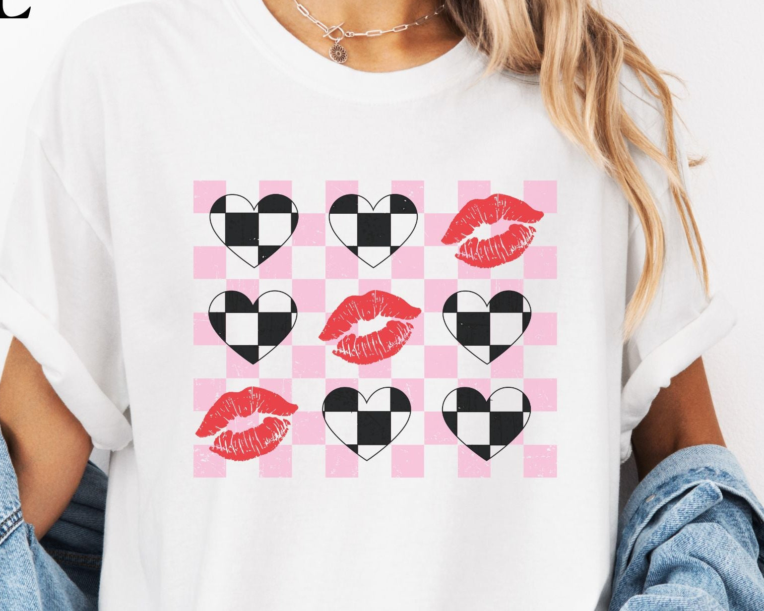 Tic-Tac-Toe Checkerboard Hearts and Valentine Lipstick Kisses T-Shirt
