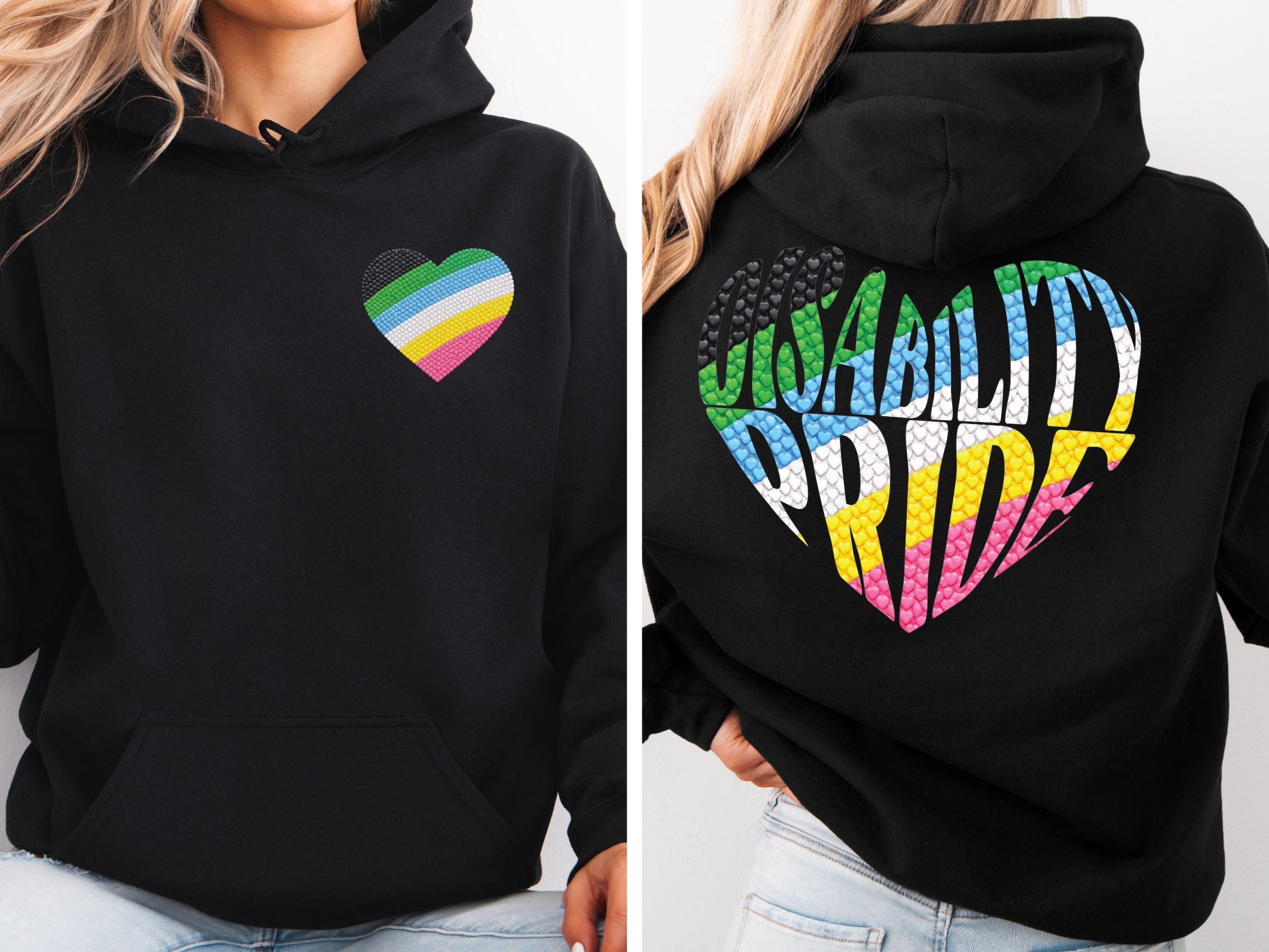 Disability Pride Heart Hoodie | Rainbow Striped Heart Pullover