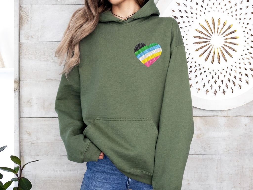 Disability Pride Heart Hoodie | Rainbow Striped Heart Pullover