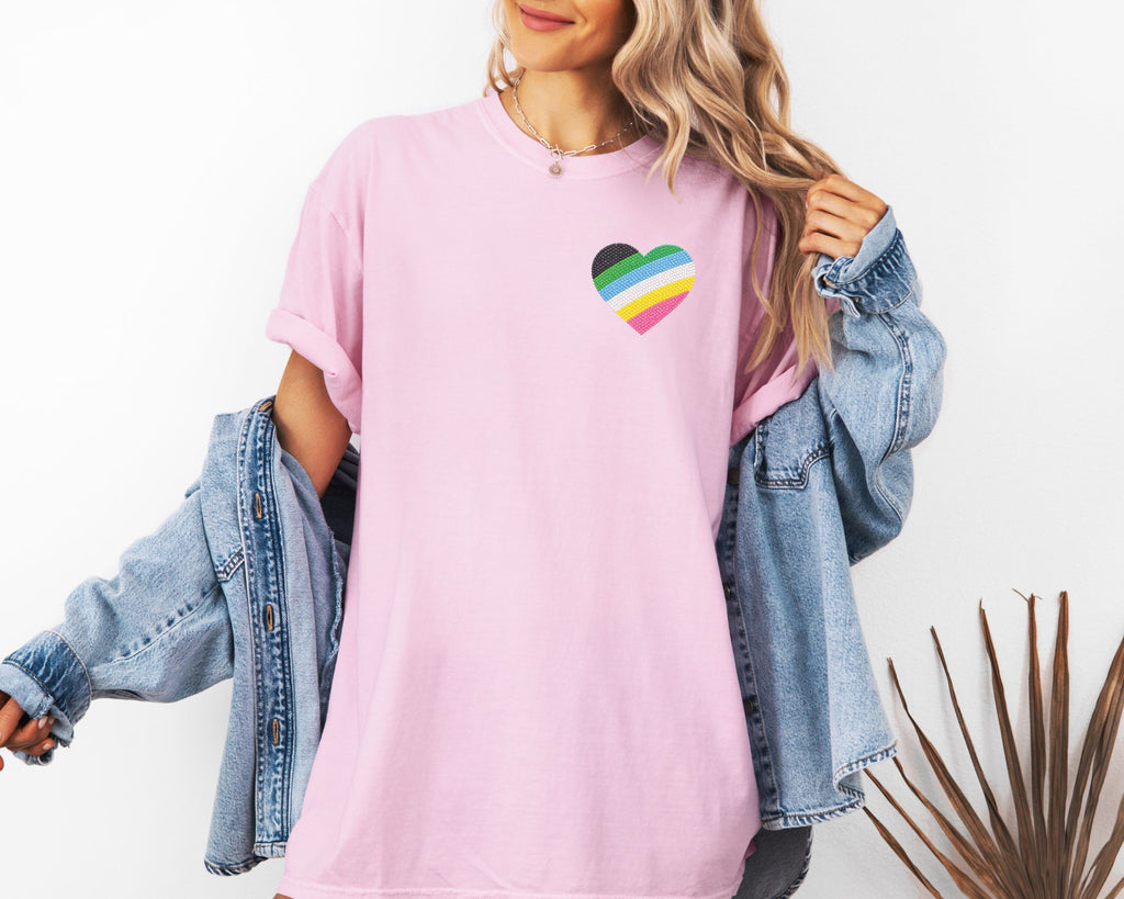 Disability Pride Heart T-Shirt | Rainbow Striped Heart Tee