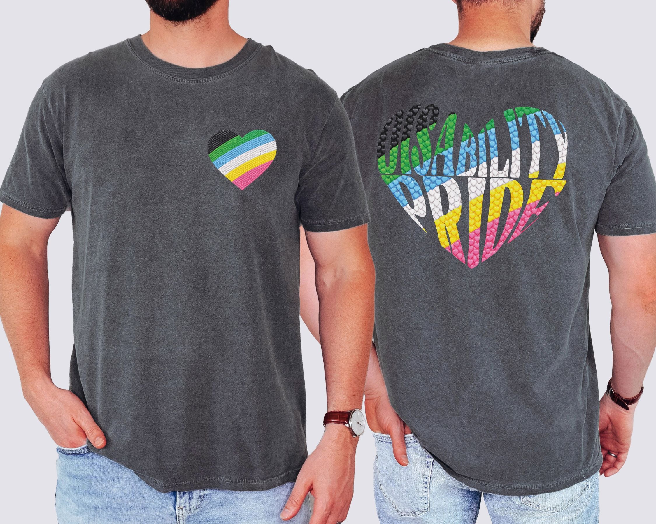 Disability Pride Heart T-Shirt | Rainbow Striped Heart Tee