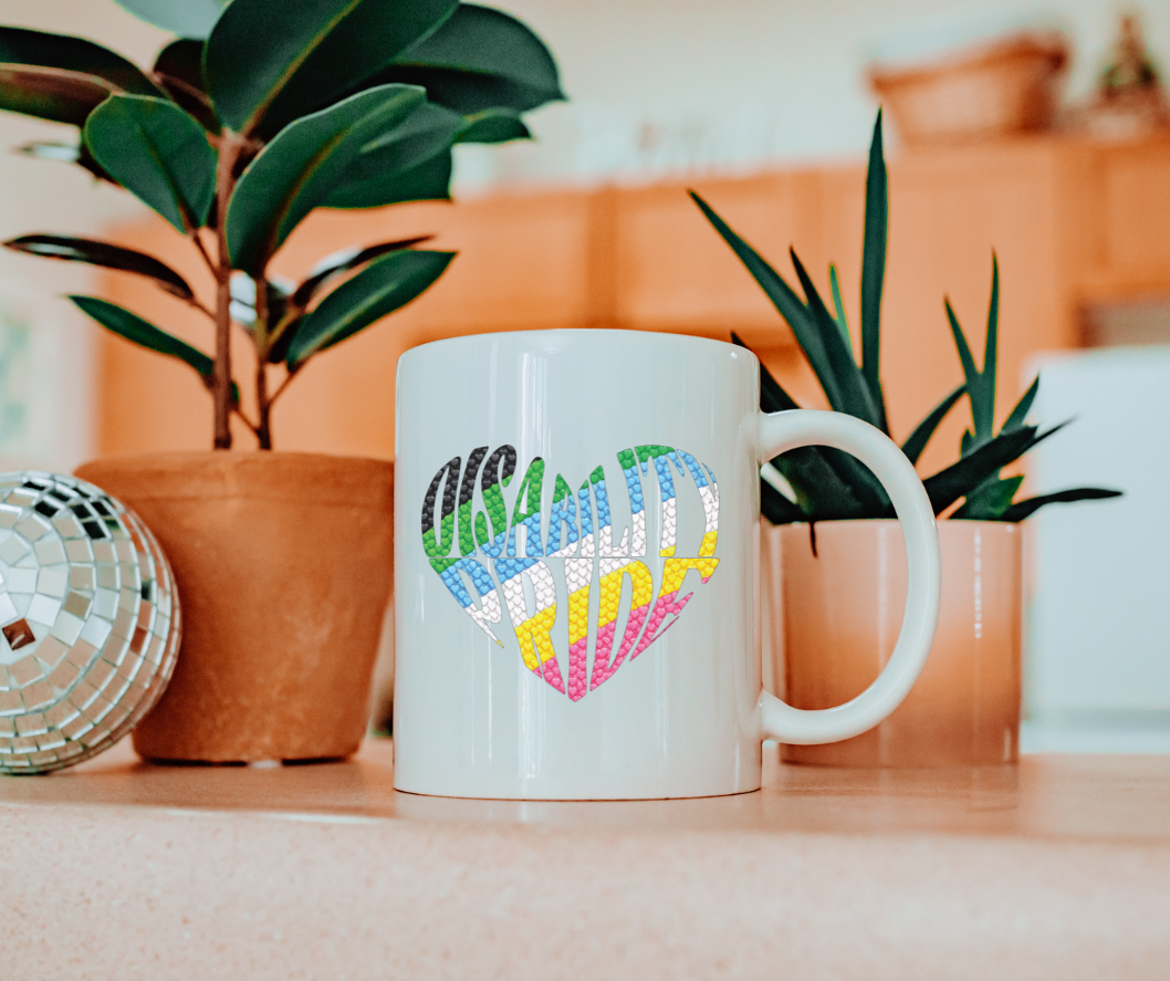 Rainbow Disability Pride Heart Mug | Colorful Heart Pattern 20oz Ceramic