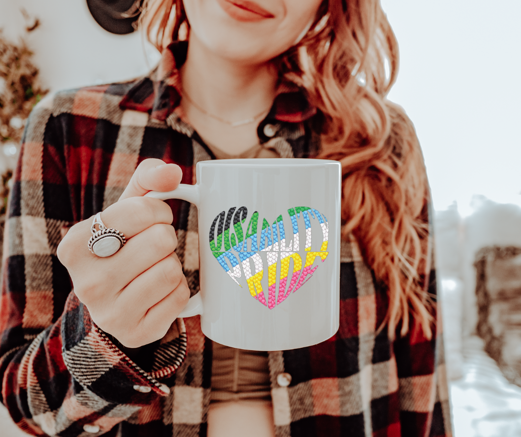 Rainbow Disability Pride Heart Mug | Colorful Heart Pattern 20oz Ceramic