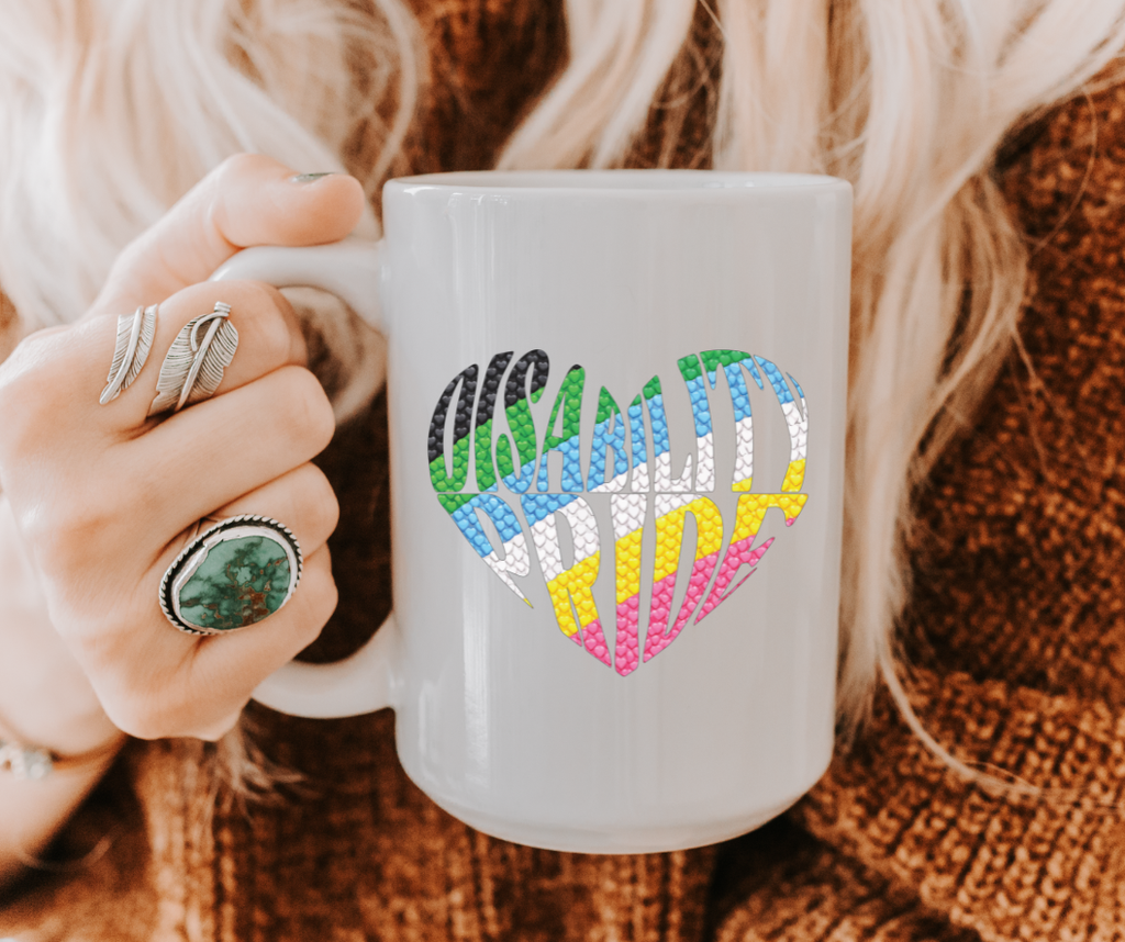 Rainbow Disability Pride Heart Mug | Colorful Heart Pattern 20oz Ceramic