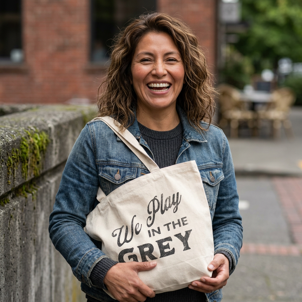 We Play in the Grey Canvas Tote — Neutral Typography Eco Shopping Bag