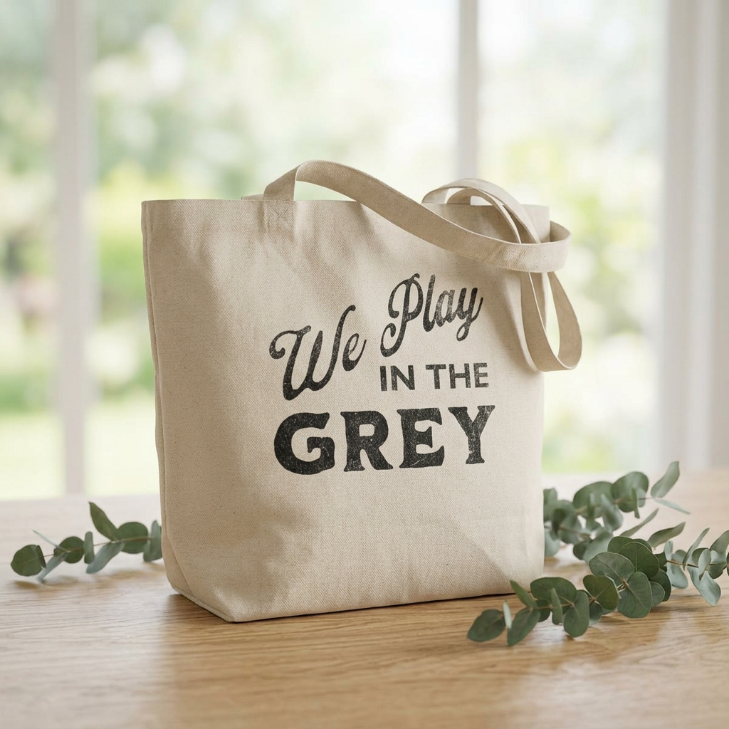 We Play in the Grey Canvas Tote — Neutral Typography Eco Shopping Bag