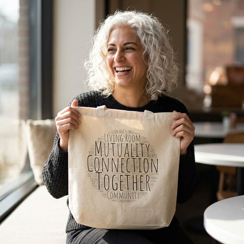 We Play in the Grey Canvas Tote — Neutral Typography Eco Shopping Bag