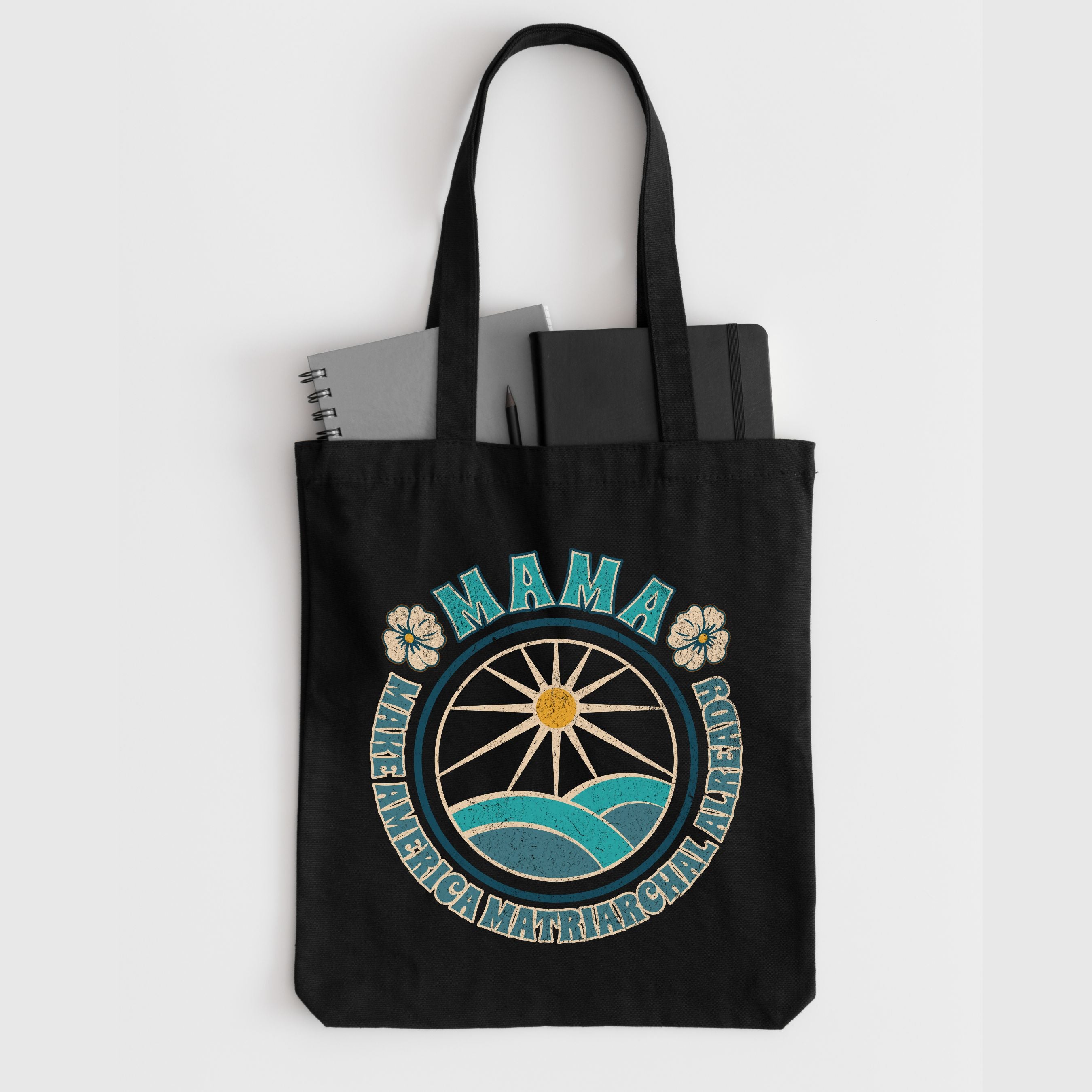 Mama Retro Sun & Waves Canvas Tote — Vintage Hawaiian 'Mama' Beach Bag