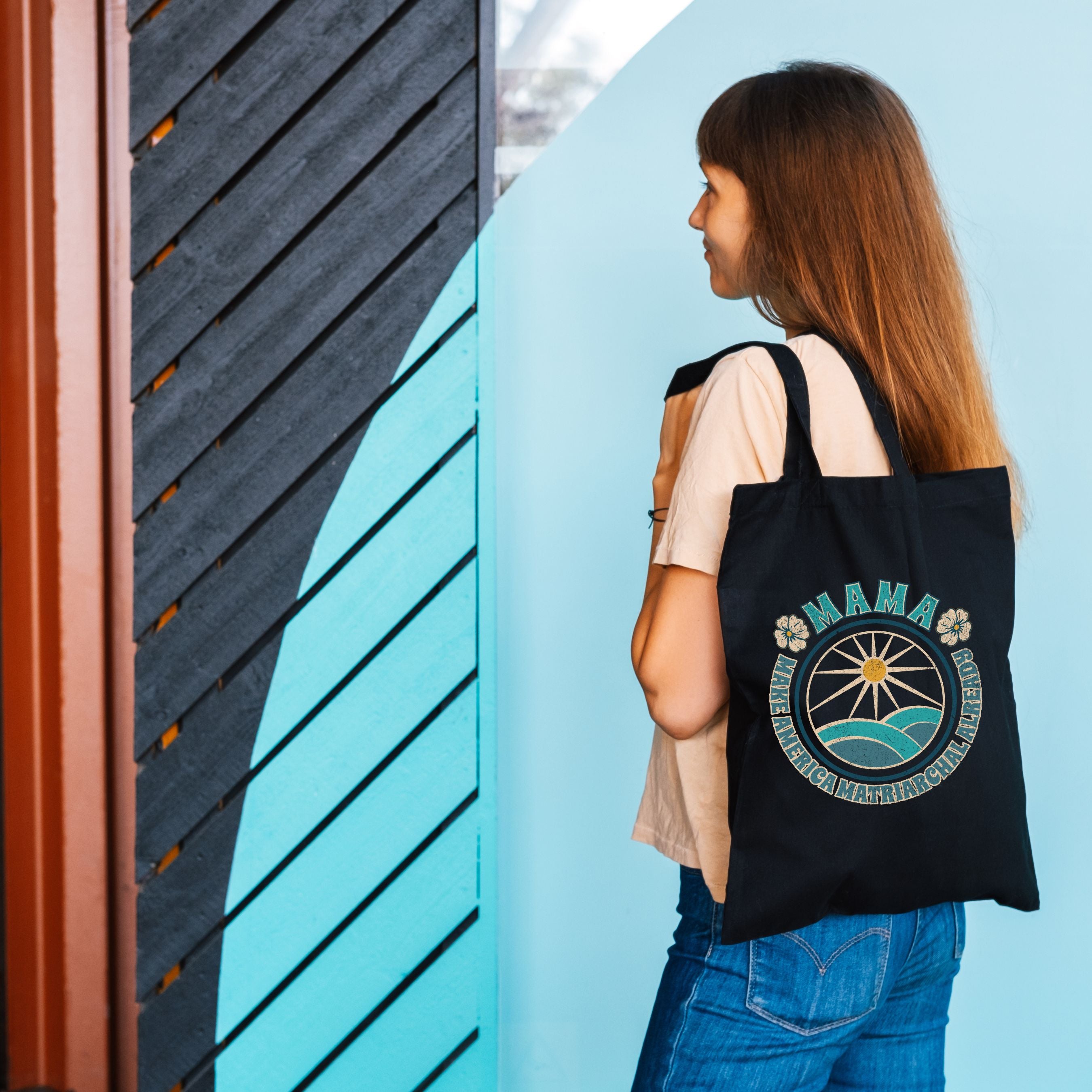 Mama Retro Sun & Waves Canvas Tote — Vintage Hawaiian 'Mama' Beach Bag