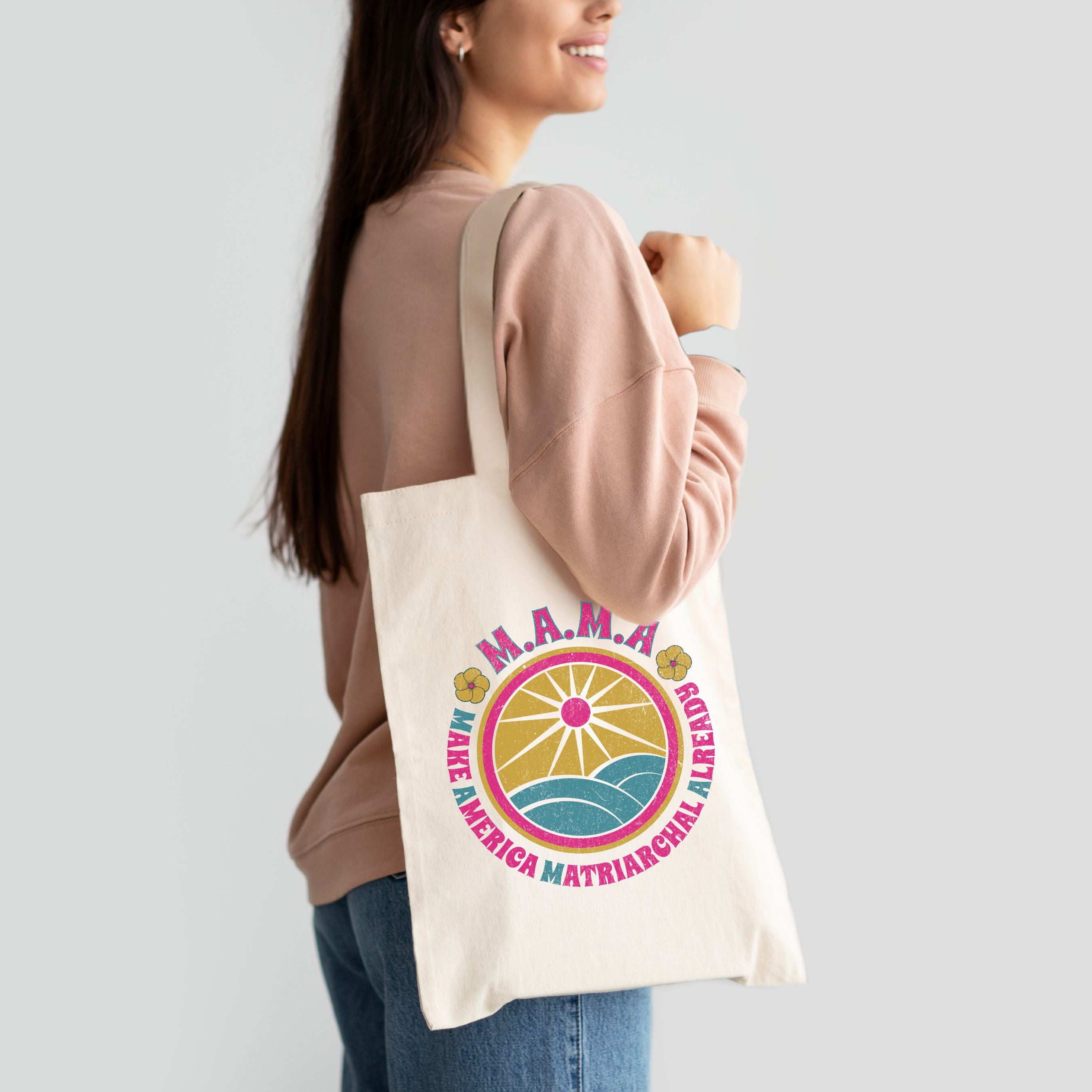 MAMA Retro Sun & Waves Canvas Tote — Vintage Hawaiian 'Make America Matriarchal Already' Beach Bag