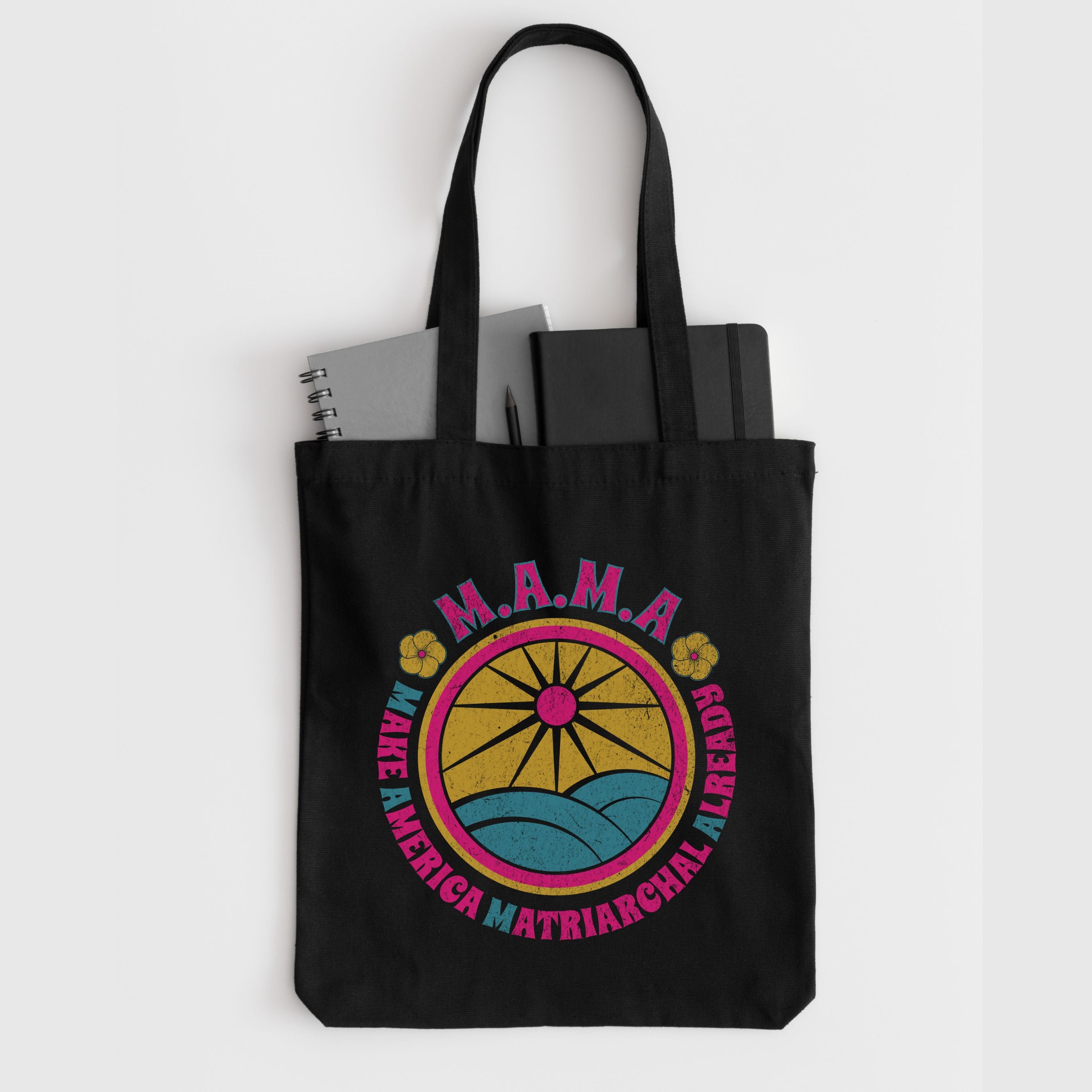 MAMA Retro Sun & Waves Canvas Tote — Vintage Hawaiian 'Make America Matriarchal Already' Beach Bag