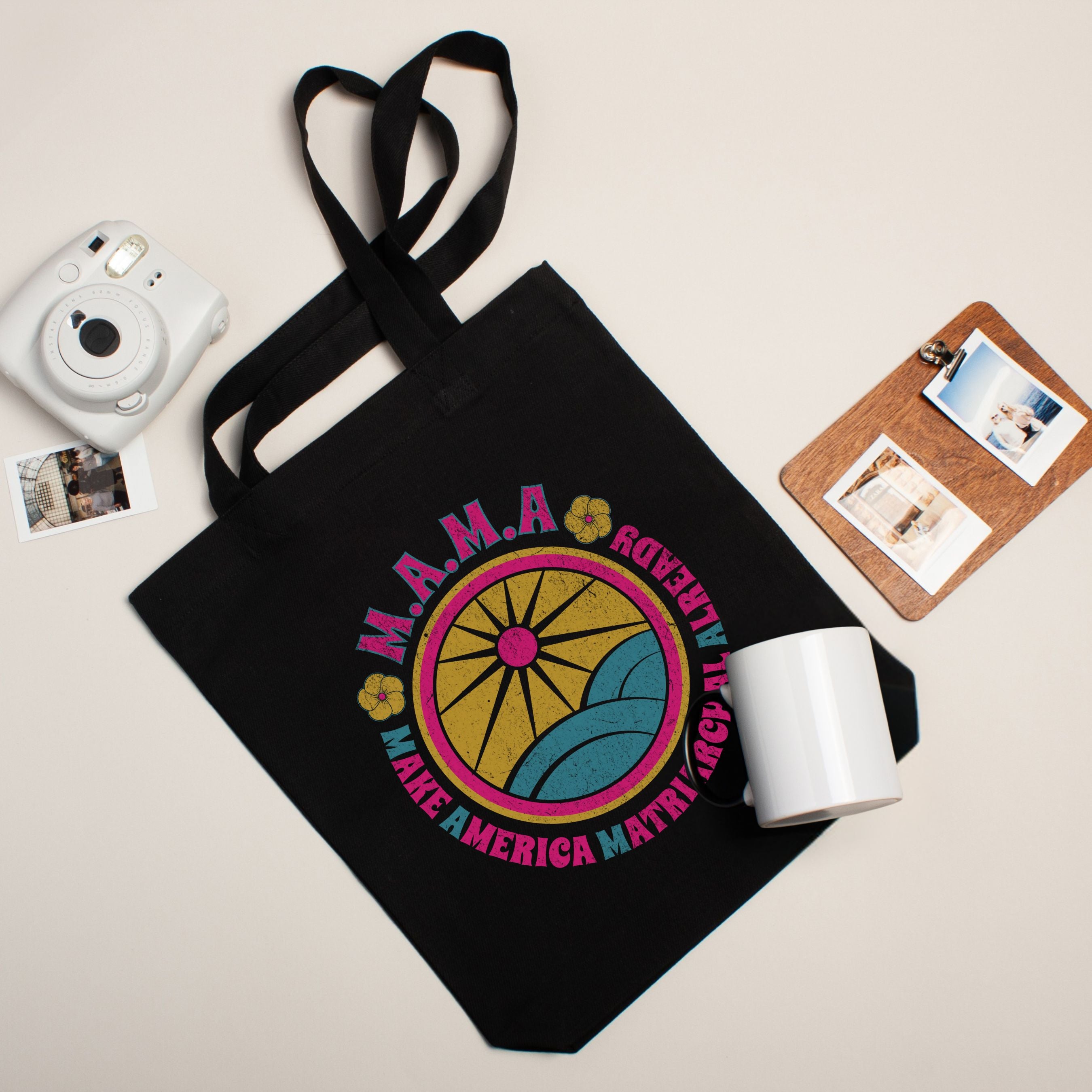 MAMA Retro Sun & Waves Canvas Tote — Vintage Hawaiian 'Make America Matriarchal Already' Beach Bag