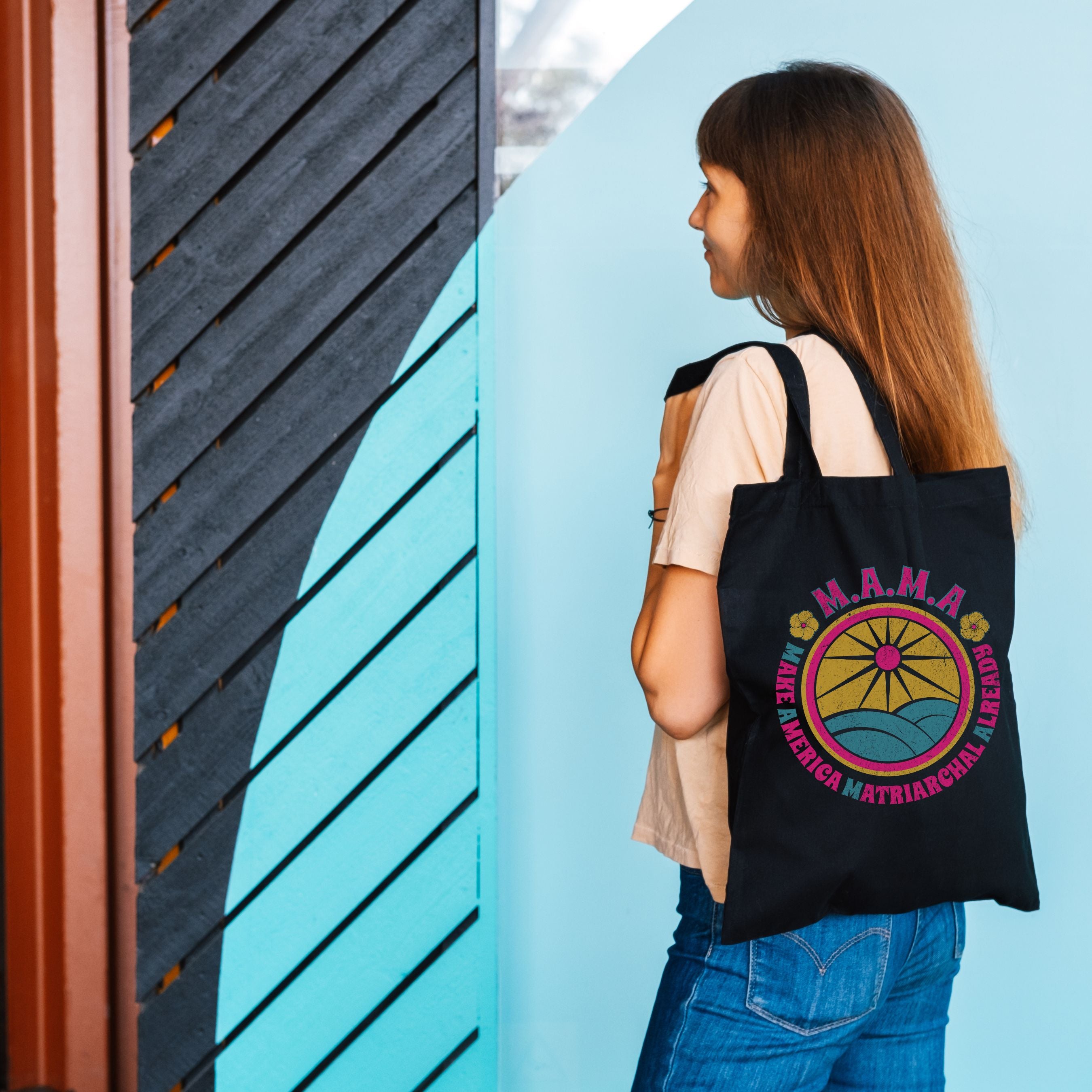 MAMA Retro Sun & Waves Canvas Tote — Vintage Hawaiian 'Make America Matriarchal Already' Beach Bag