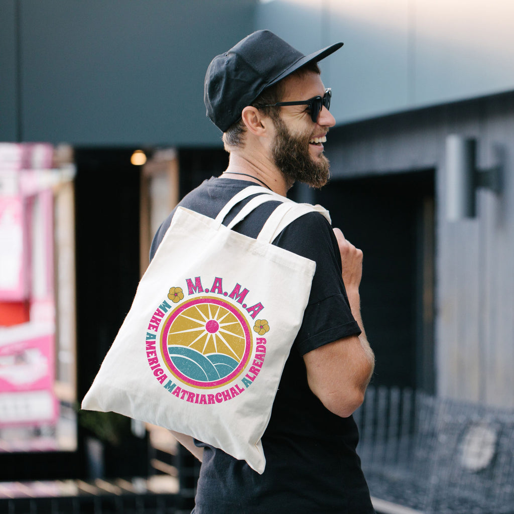 MAMA Retro Sun & Waves Canvas Tote — Vintage Hawaiian 'Make America Matriarchal Already' Beach Bag