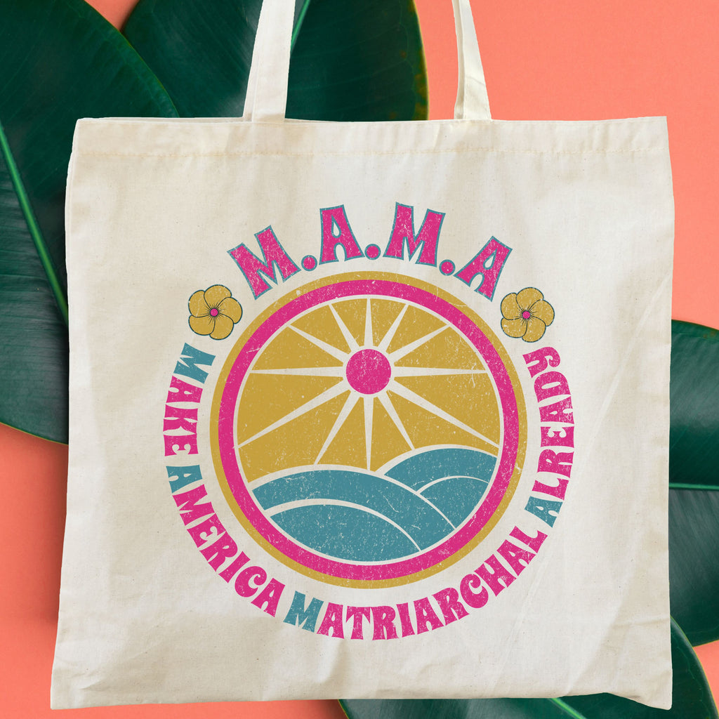 MAMA Retro Sun & Waves Canvas Tote — Vintage Hawaiian 'Make America Matriarchal Already' Beach Bag