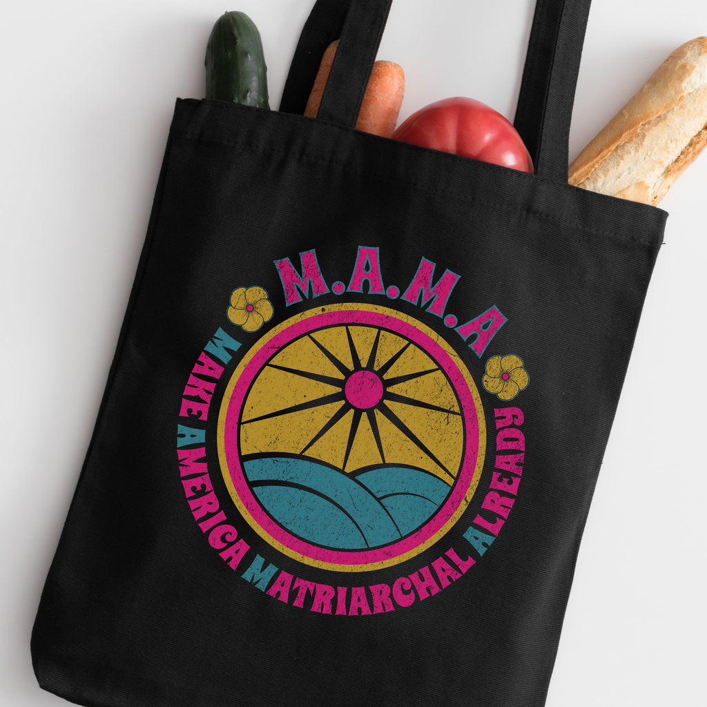 MAMA Retro Sun & Waves Canvas Tote — Vintage Hawaiian 'Make America Matriarchal Already' Beach Bag