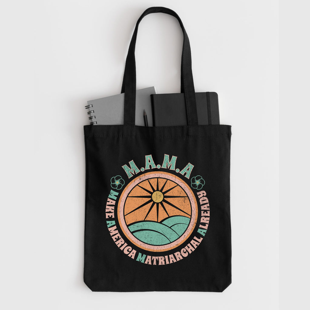 MAMA Retro Sun & Waves Canvas Tote — Vintage Hawaiian 'Make America Matriarchal Already' Beach Bag