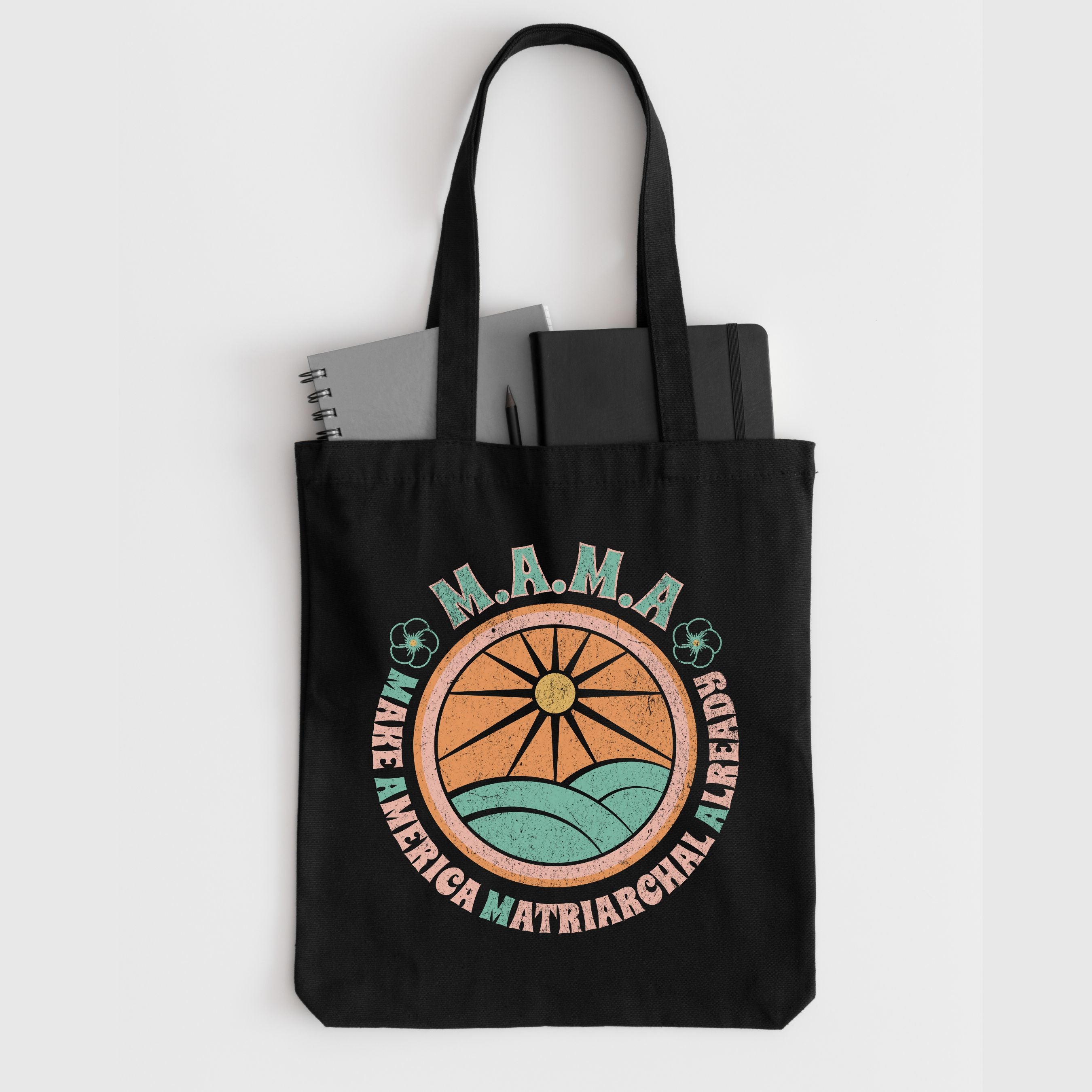 MAMA Retro Sun & Waves Canvas Tote — Vintage Hawaiian 'Make America Matriarchal Already' Beach Bag