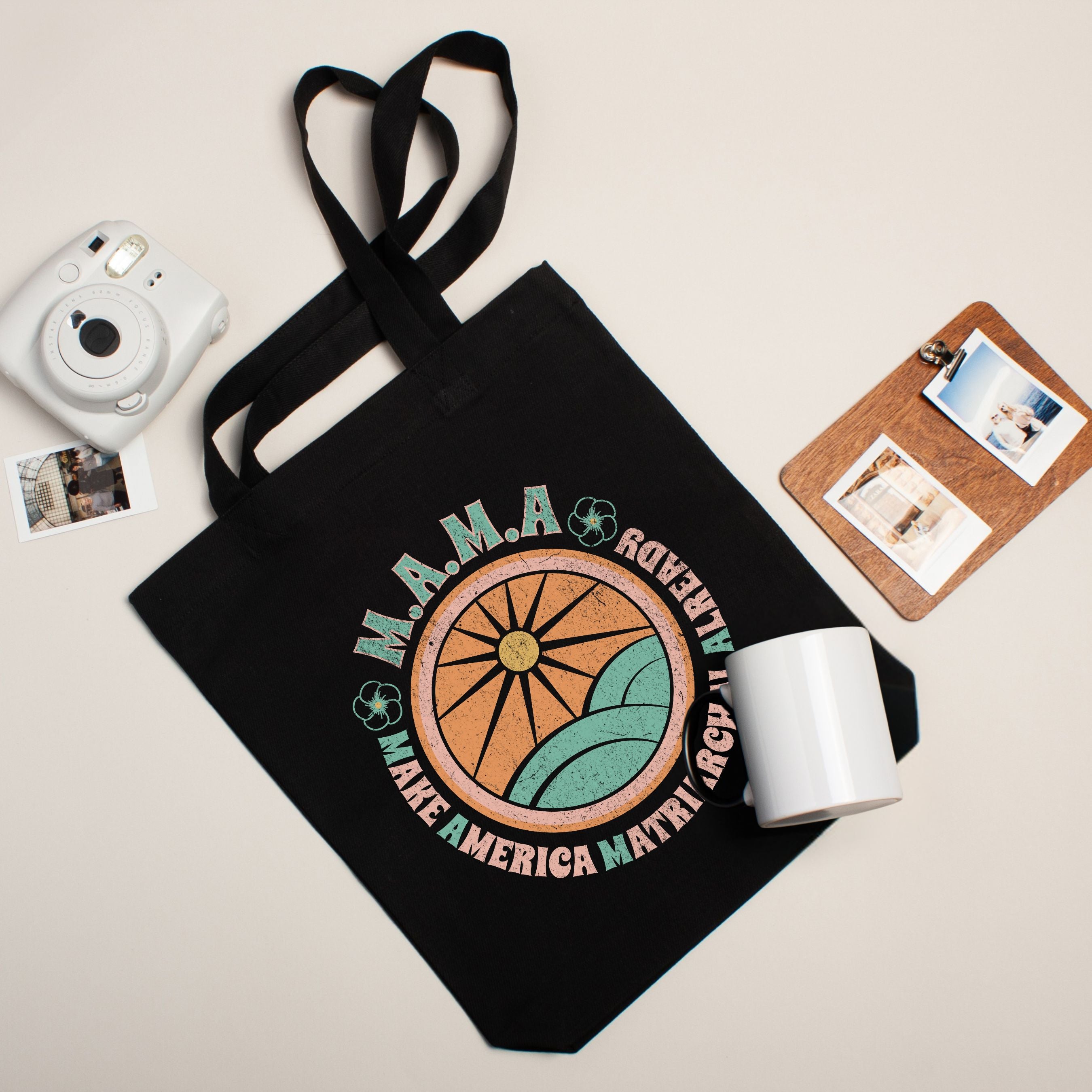 MAMA Retro Sun & Waves Canvas Tote — Vintage Hawaiian 'Make America Matriarchal Already' Beach Bag
