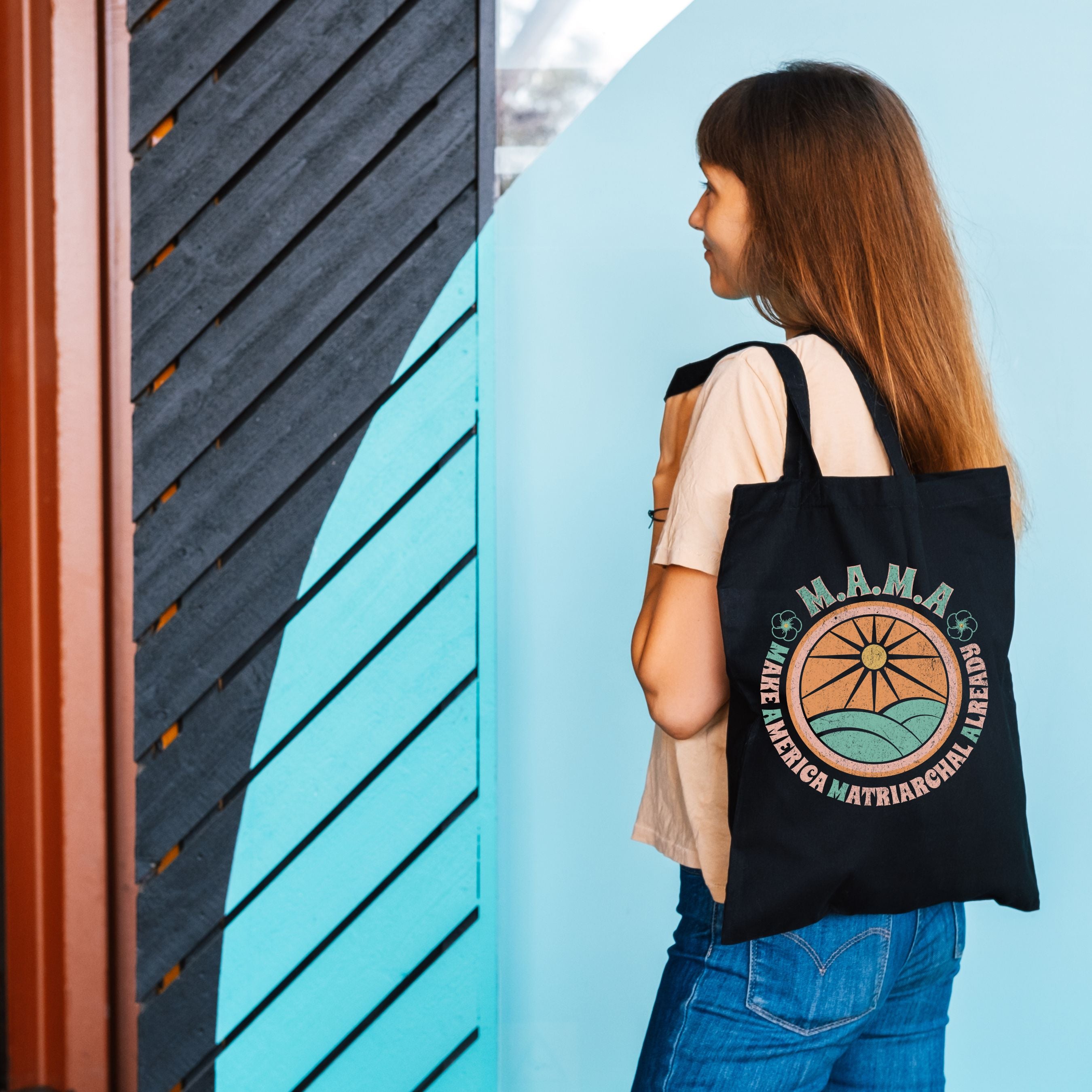 MAMA Retro Sun & Waves Canvas Tote — Vintage Hawaiian 'Make America Matriarchal Already' Beach Bag